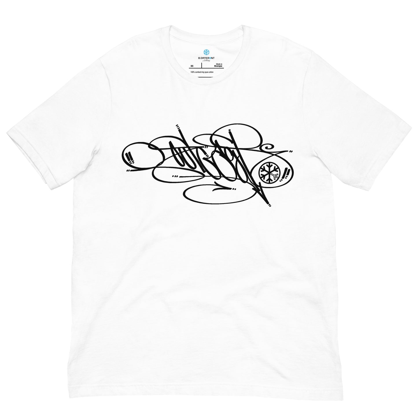White-Outcast Tag Tee by Graffiti Dad from B.Different Clothing, front view, graffiti-inspired streetwear t-shirt