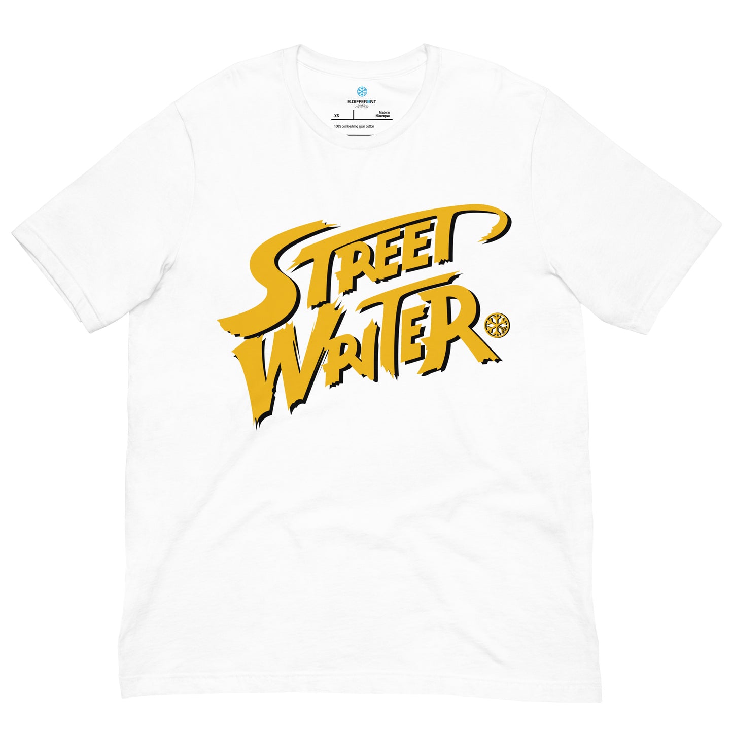 White-Street Writer Graffiti Tee from B.Different Clothing, front view, graffiti-inspired streetwear t-shirt