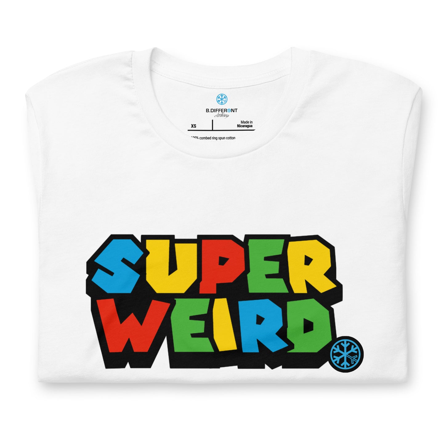 White-Super Weird Tee from B.Different Clothing, folded, graffiti-inspired streetwear t-shirt