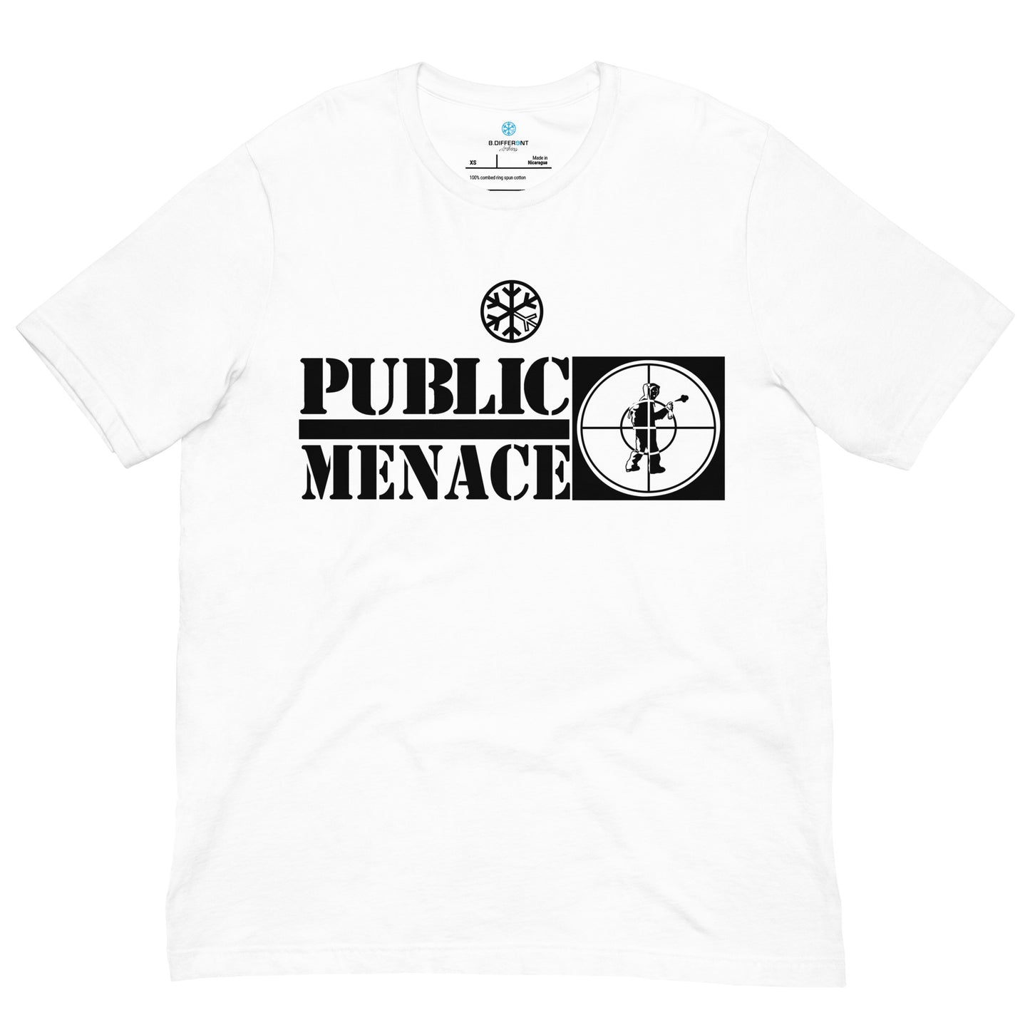 White-Public Menace Graffiti Tee from B.Different Clothing, front view, graffiti-inspired streetwear t-shirt