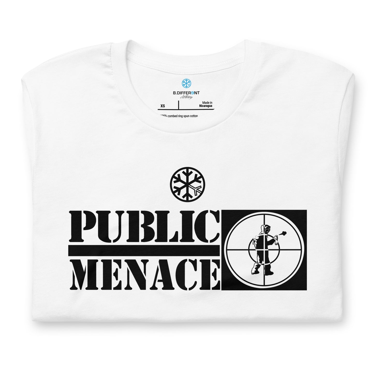 White-Public Menace Graffiti Tee from B.Different Clothing, folded, graffiti-inspired streetwear t-shirt