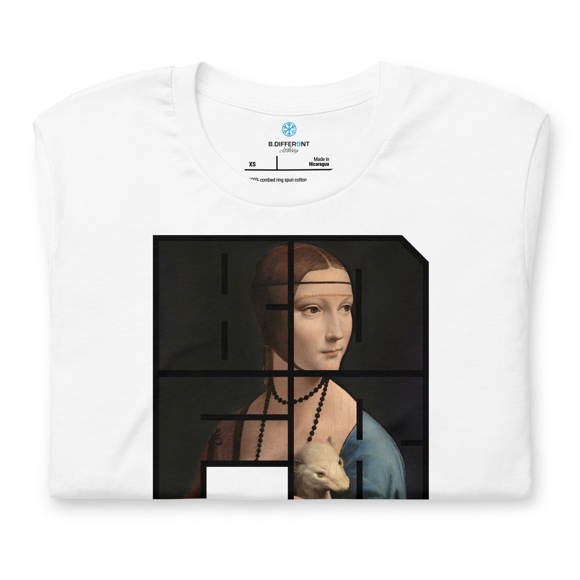 White-BDFRNT Blockbuster x Lady With Ermine Graffiti Tee from B.Different Clothing, folded, graffiti-inspired streetwear t-shirt