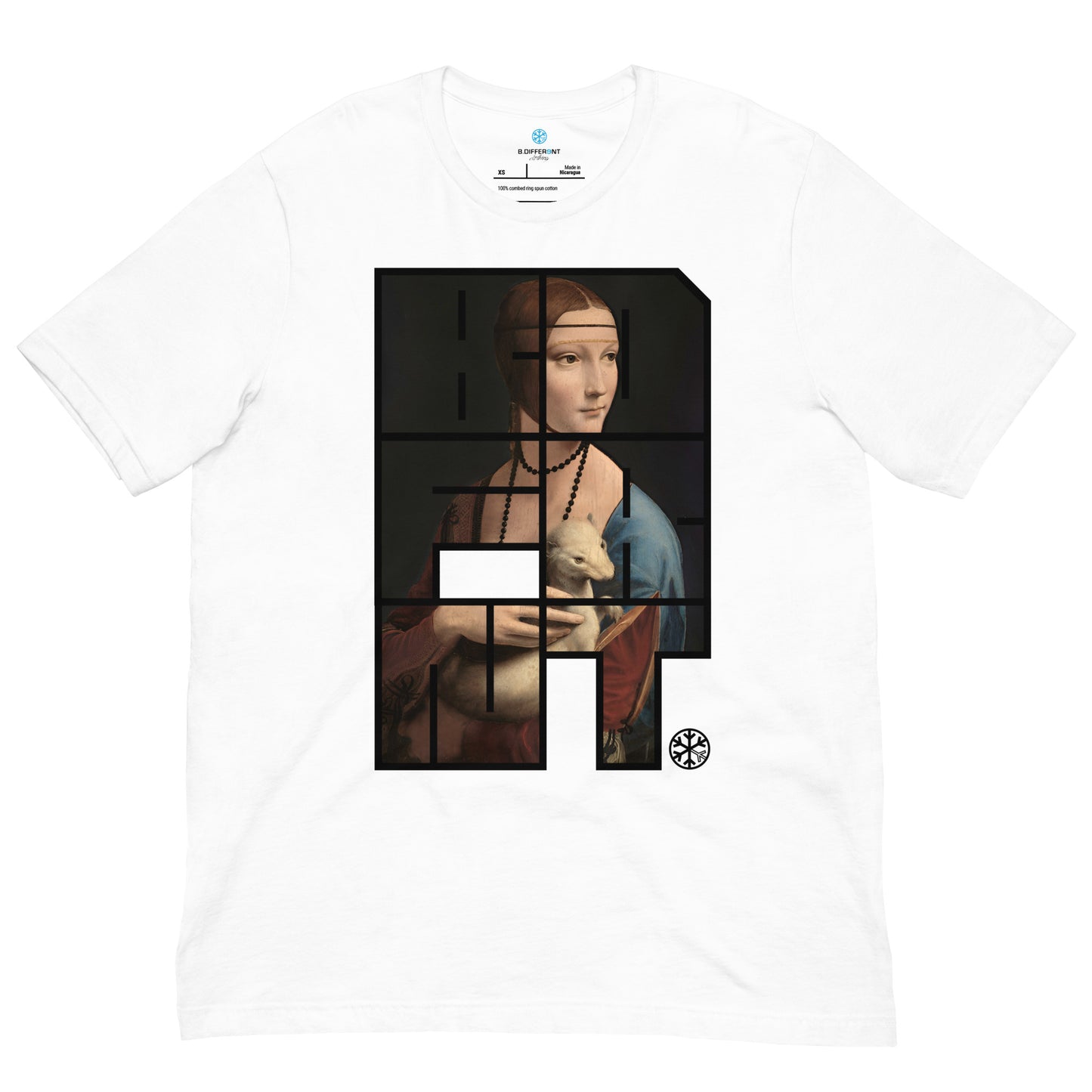 White-BDFRNT Blockbuster x Lady With Ermine Graffiti Tee from B.Different Clothing, front view, graffiti-inspired streetwear t-shirt
