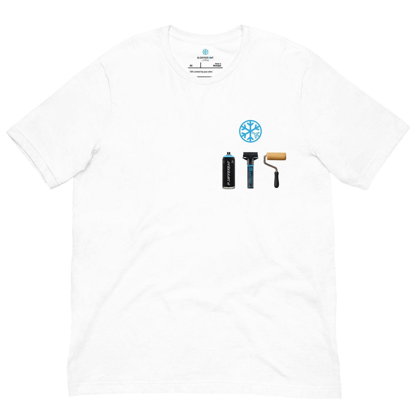 White-Graffiti Artist Action Figure Tee from B.Different Clothing, front view, graffiti-inspired streetwear t-shirt