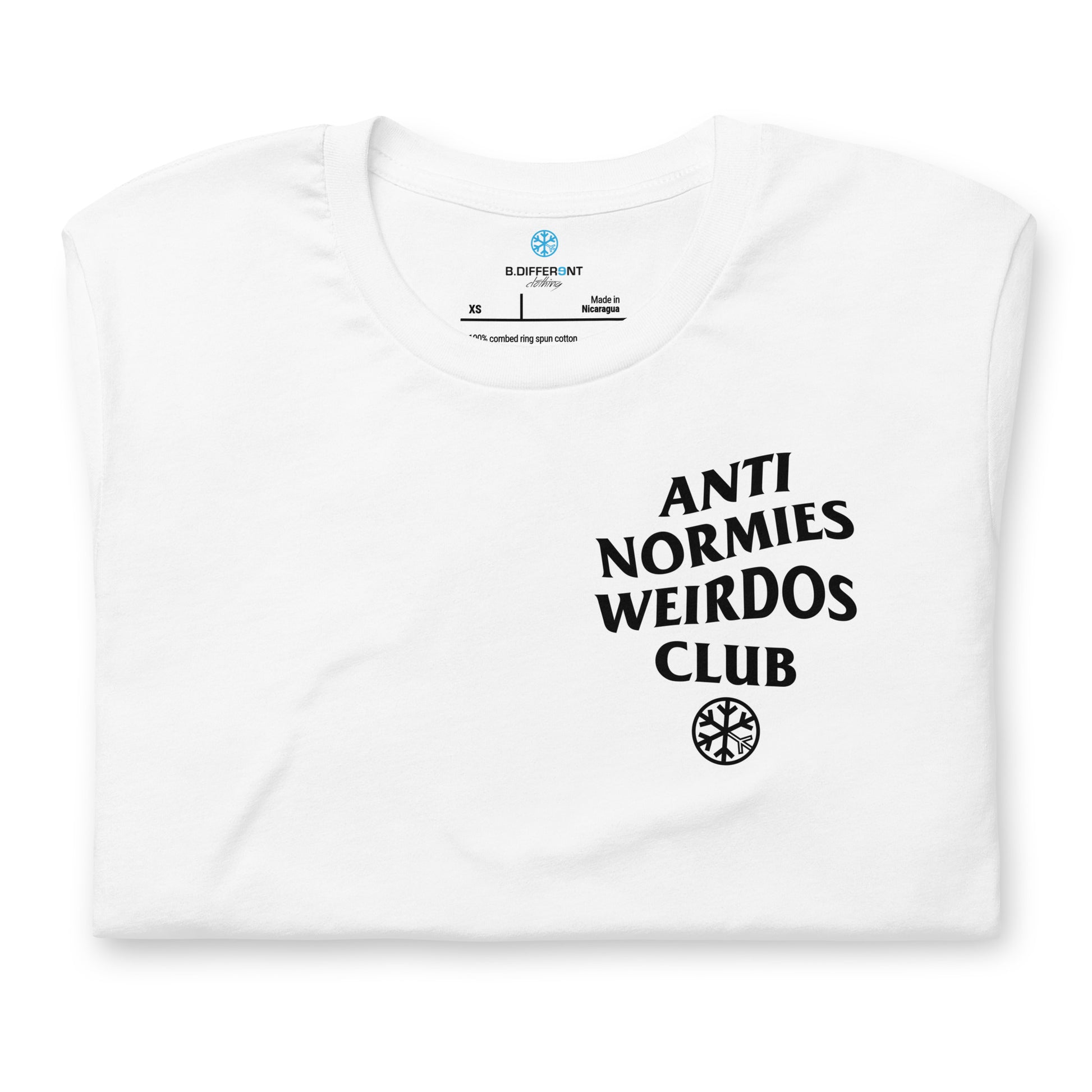 White-Anti Normies Weirdos Club Tee from B.Different Clothing, folded, graffiti-inspired streetwear t-shirt