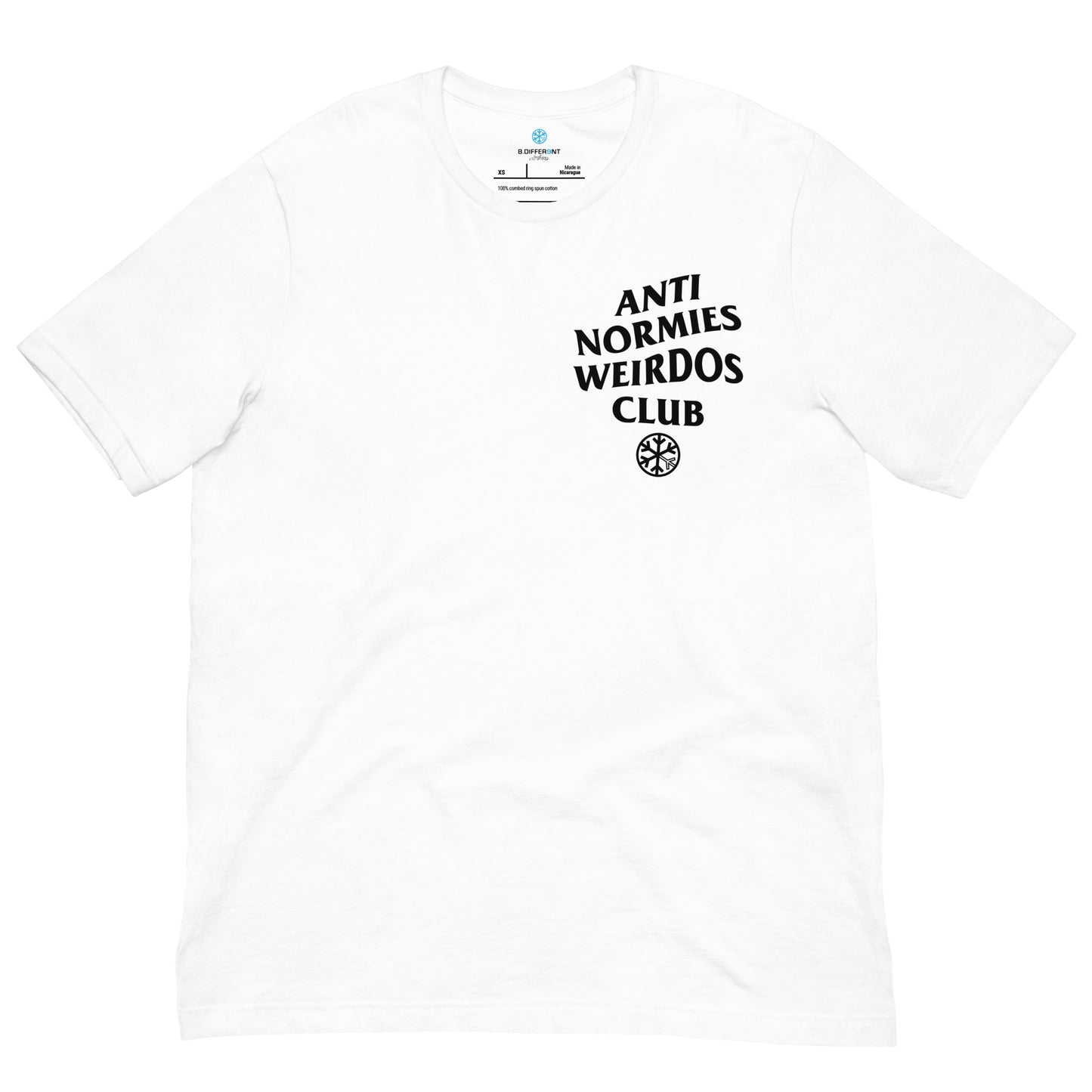 White-Anti Normies Weirdos Club Tee from B.Different Clothing, front view, graffiti-inspired streetwear t-shirt