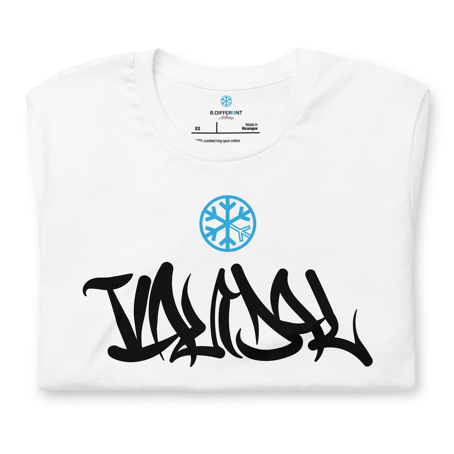 White-Vandal Graffiti Tag Tee from B.Different Clothing, folded, graffiti-inspired streetwear t-shirt