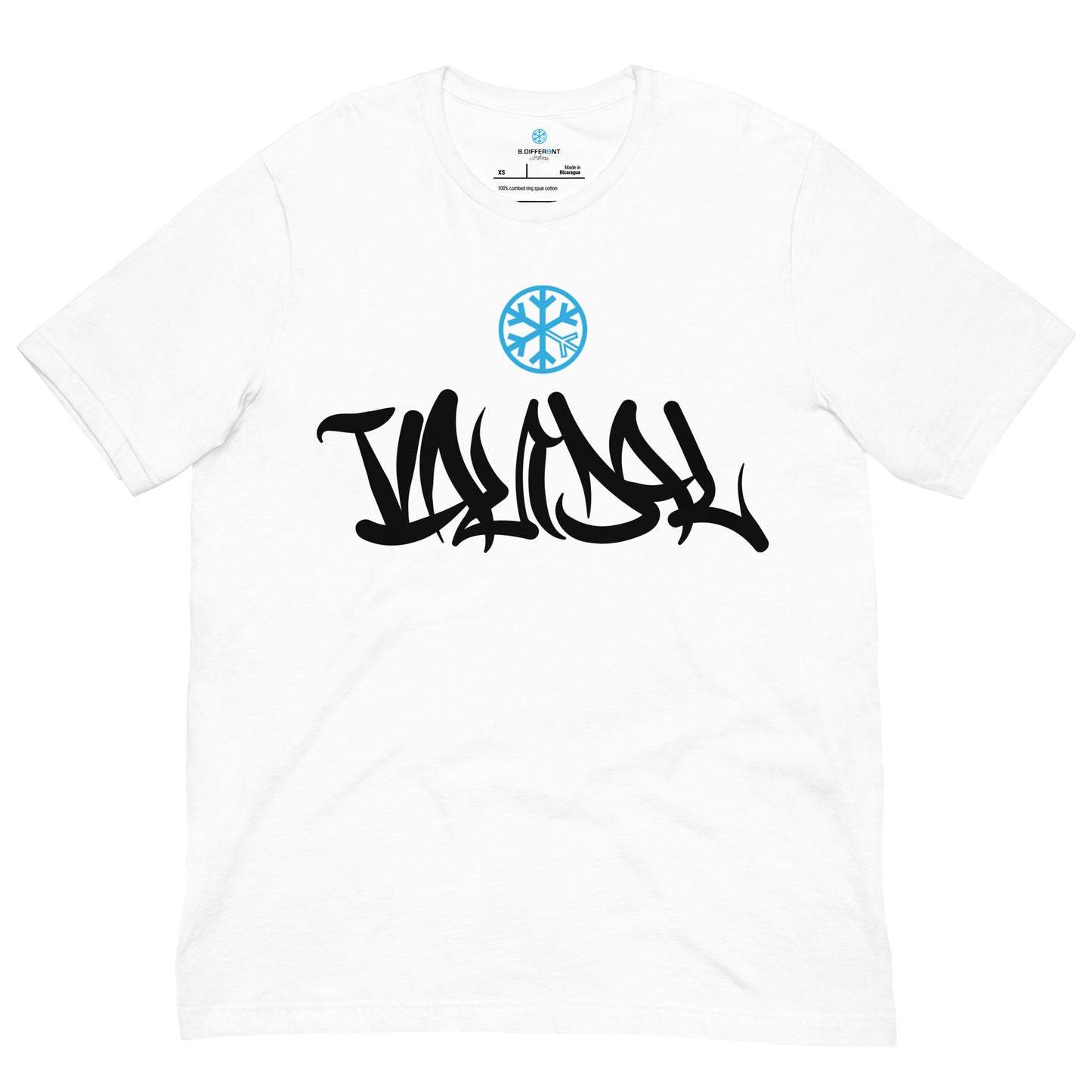 White-Vandal Graffiti Tag Tee from B.Different Clothing, front view, graffiti-inspired streetwear t-shirt