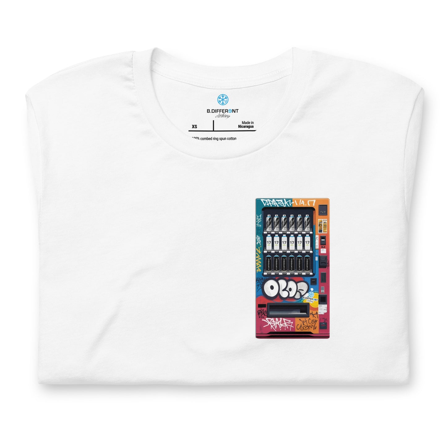 White-Graffiti Vending Machine Tee from B.Different Clothing, folded, graffiti-inspired streetwear t-shirt