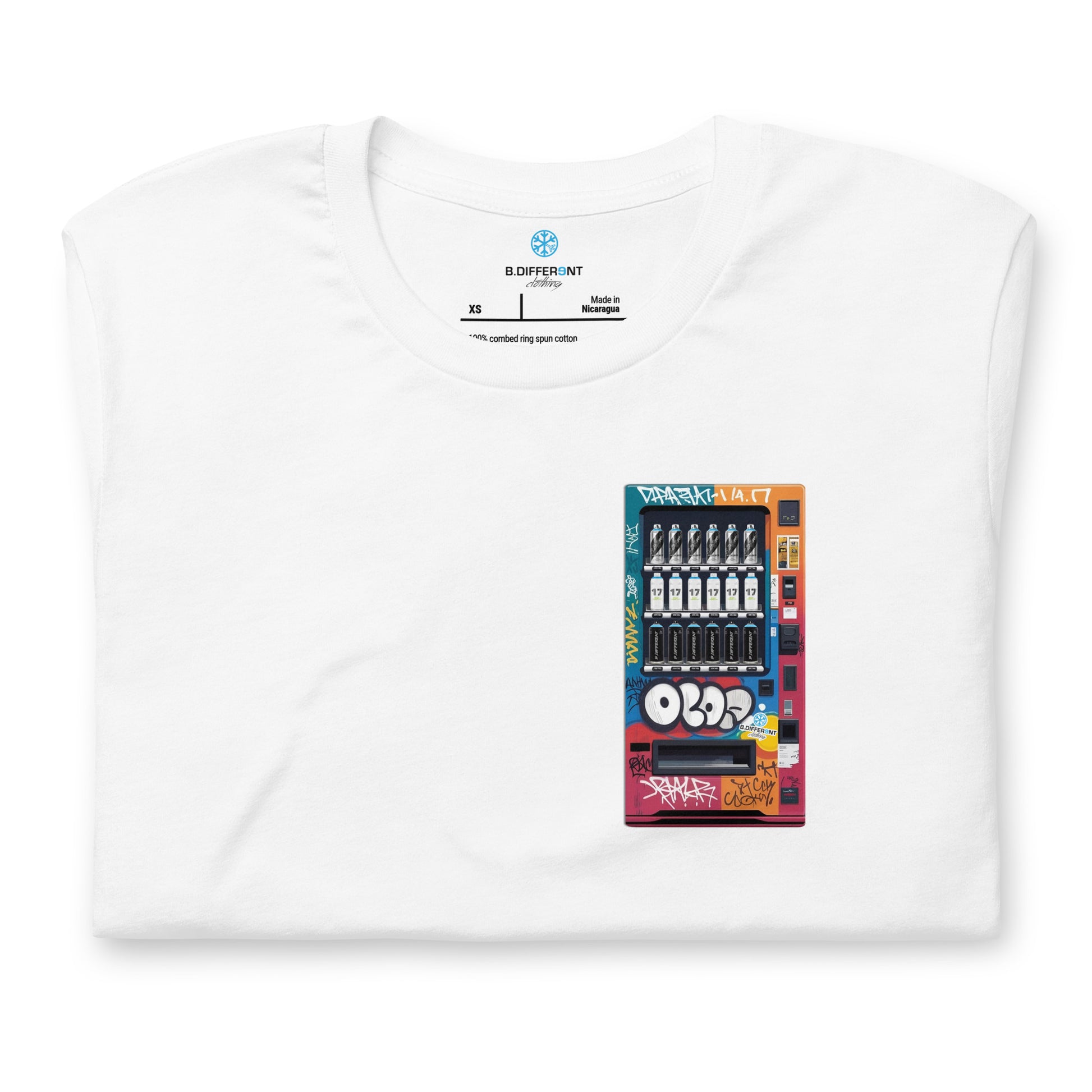 White-Graffiti Vending Machine Tee from B.Different Clothing, folded, graffiti-inspired streetwear t-shirt