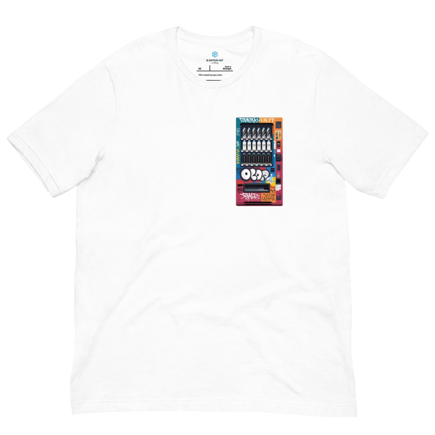 White-Graffiti Vending Machine Tee from B.Different Clothing, front view, graffiti-inspired streetwear t-shirt