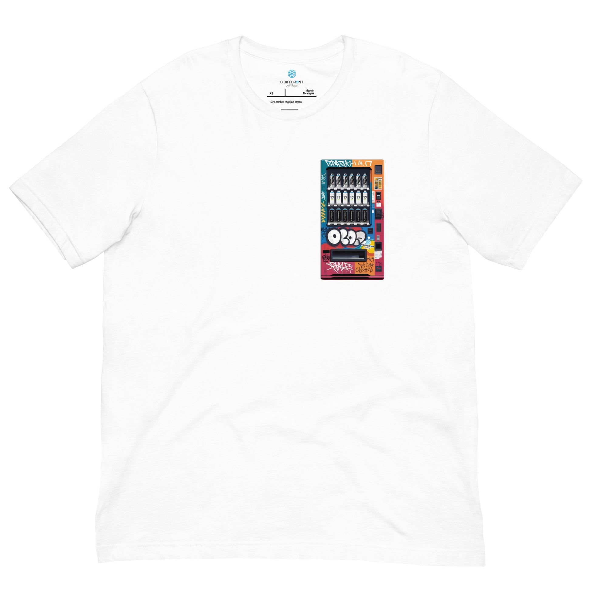 White-Graffiti Vending Machine Tee from B.Different Clothing, front view, graffiti-inspired streetwear t-shirt