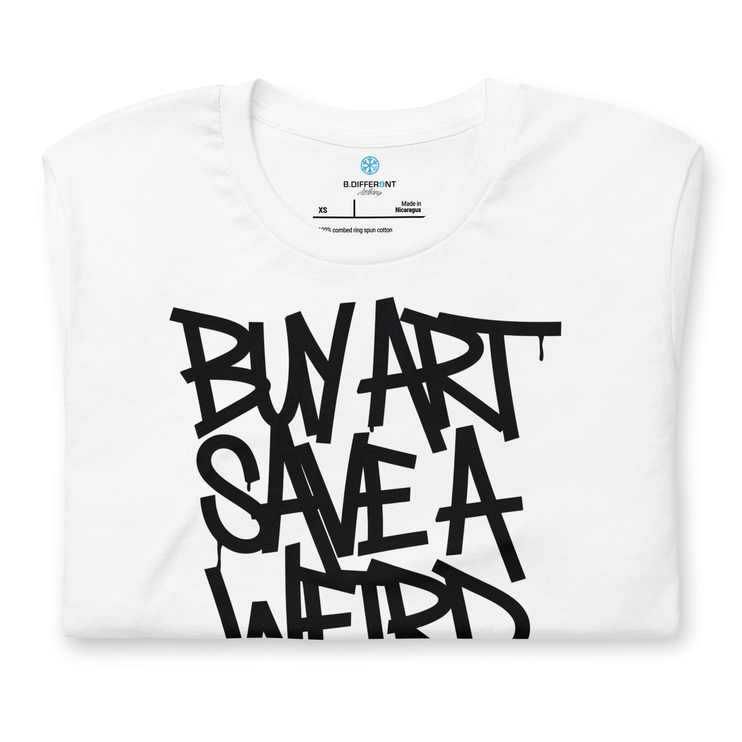 White-Buy Art Save a Weird Person Graffiti Tee from B.Different Clothing, folded, graffiti-inspired streetwear t-shirt