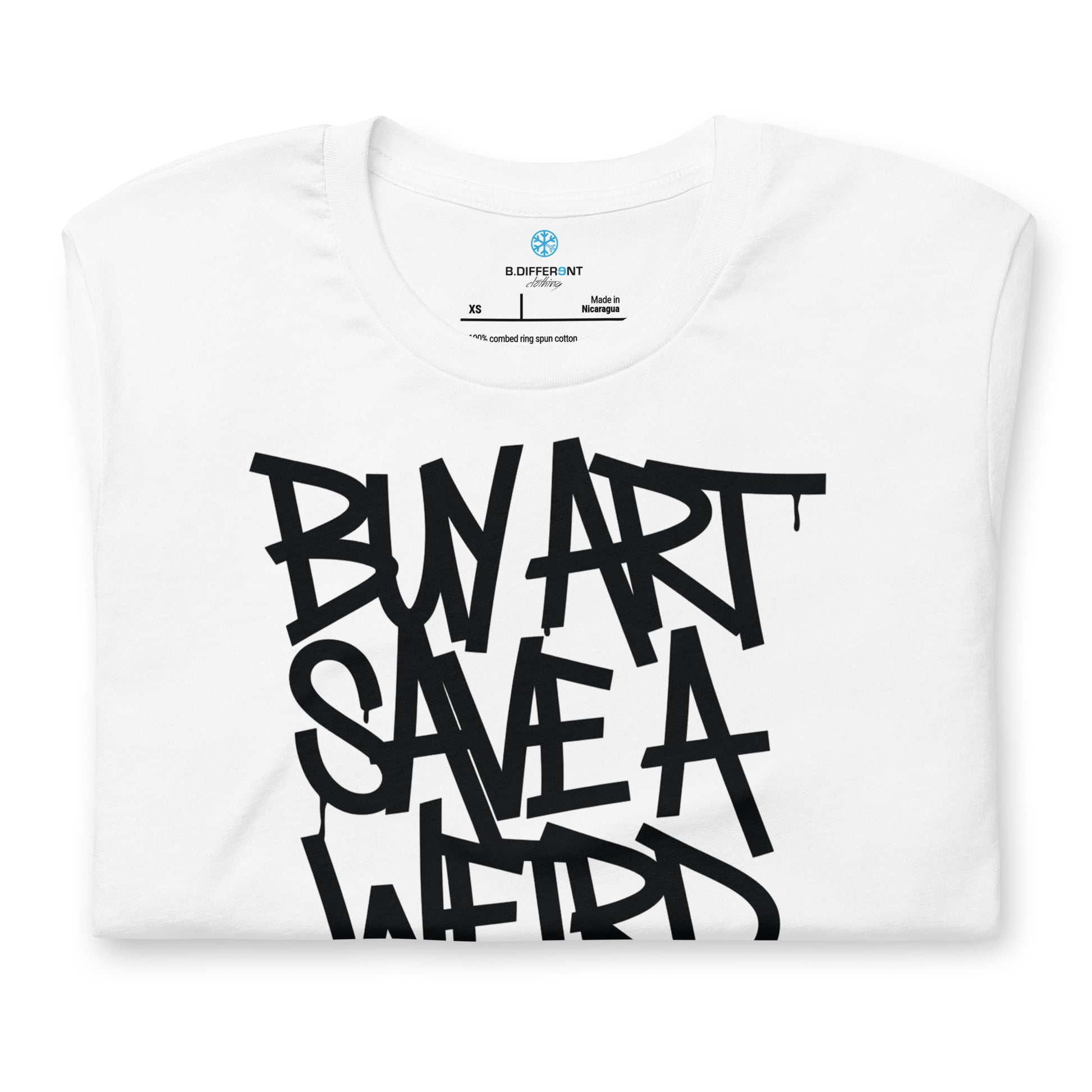White-Buy Art Save a Weird Person Graffiti Tee from B.Different Clothing, folded, graffiti-inspired streetwear t-shirt