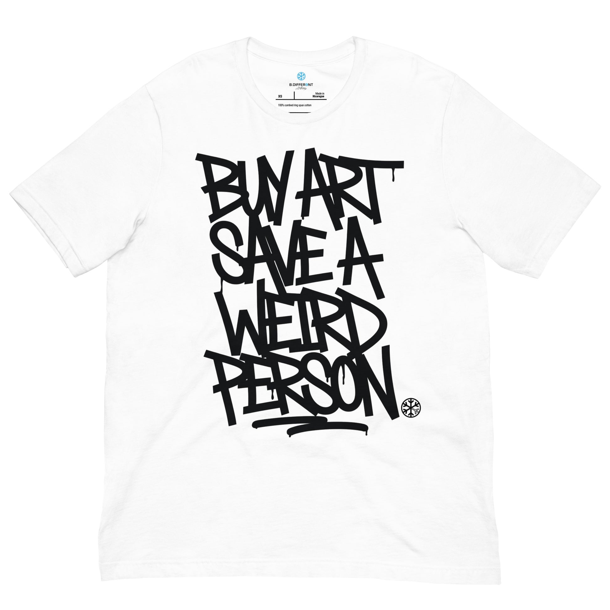 White-Buy Art Save a Weird Person Graffiti Tee from B.Different Clothing, front view, graffiti-inspired streetwear t-shirt