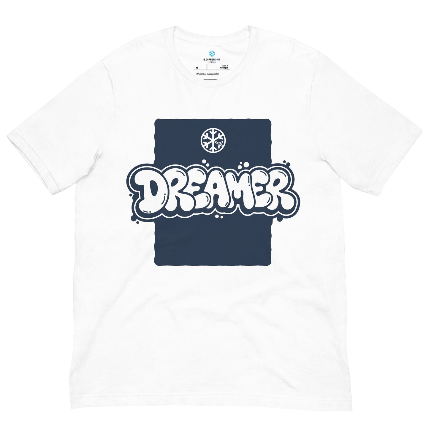 White-Dreamer Graffiti Throw-up Tee from B.Different Clothing, front view, graffiti-inspired streetwear t-shirt