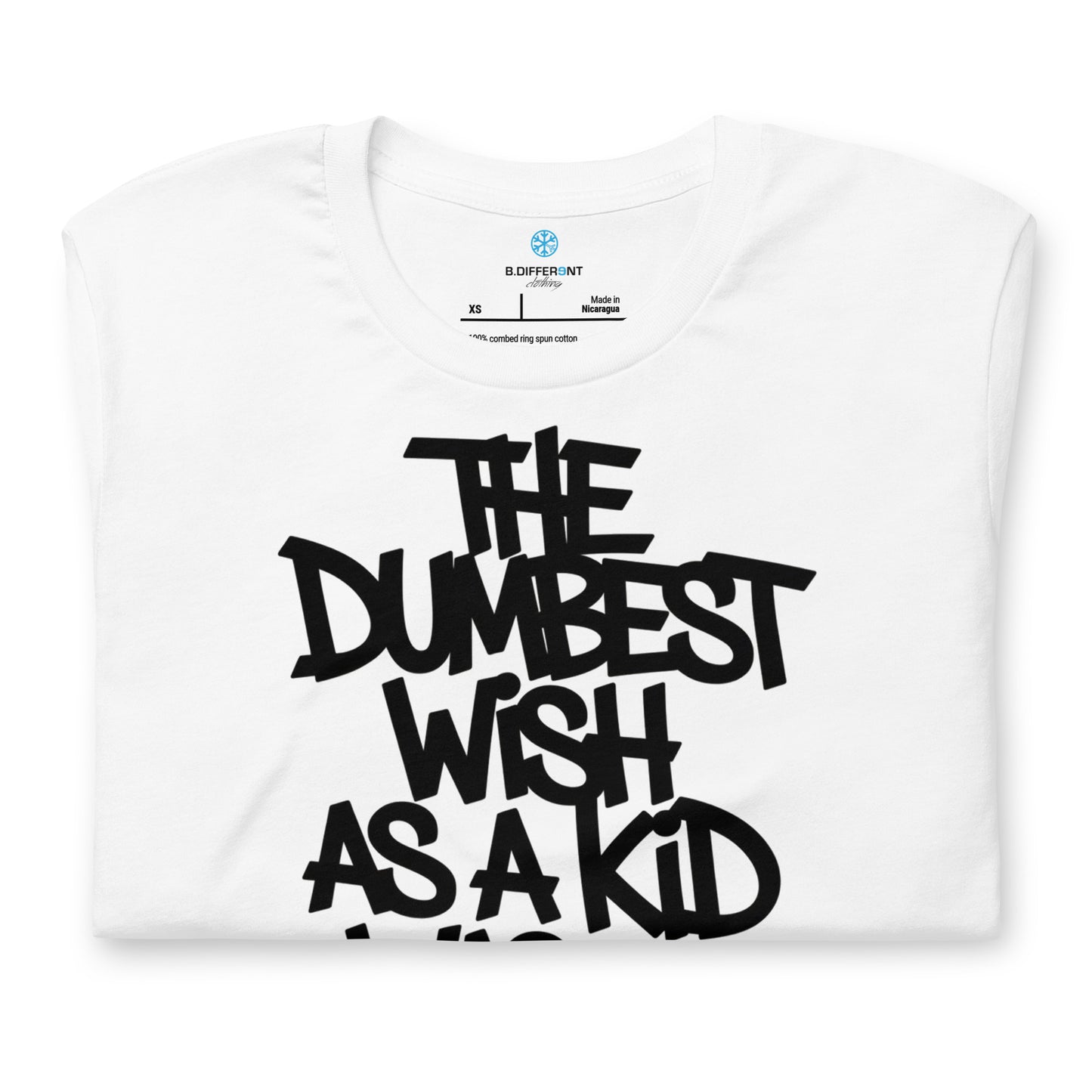 White-The Dumbest Wish Graffiti Tag Tee from B.Different Clothing, folded, graffiti-inspired streetwear t-shirt