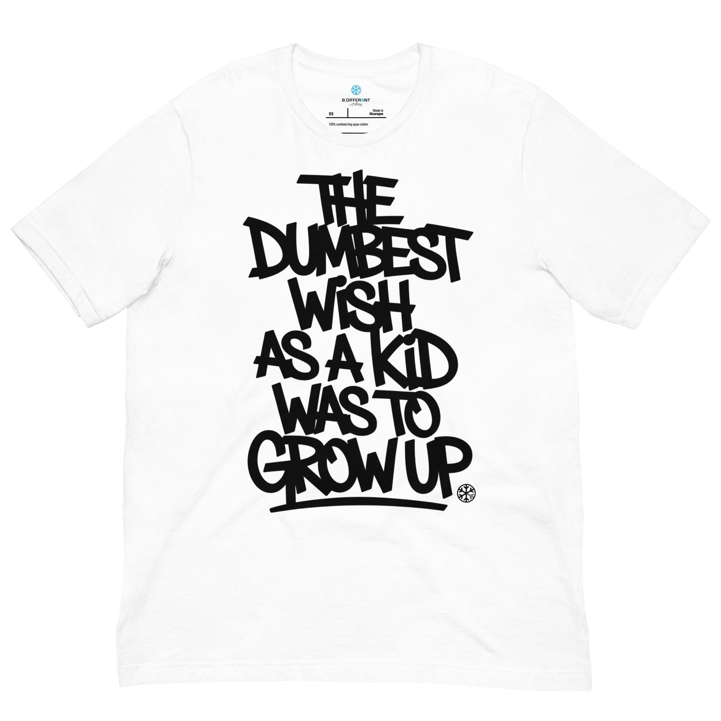 White-The Dumbest Wish Graffiti Tag Tee from B.Different Clothing, front view, graffiti-inspired streetwear t-shirt