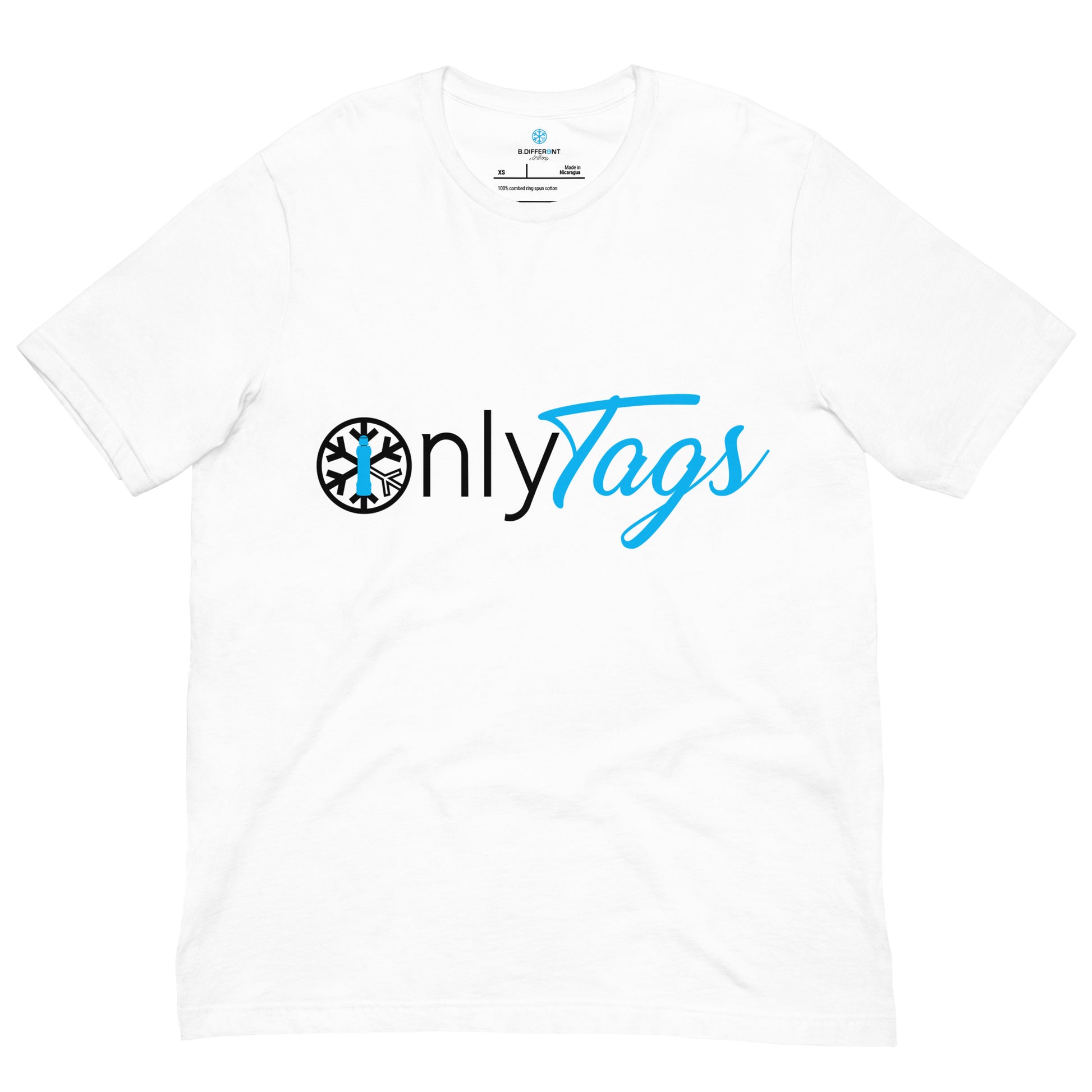 White-Only Tags Graffiti Tee from B.Different Clothing, front view, graffiti-inspired streetwear t-shirt