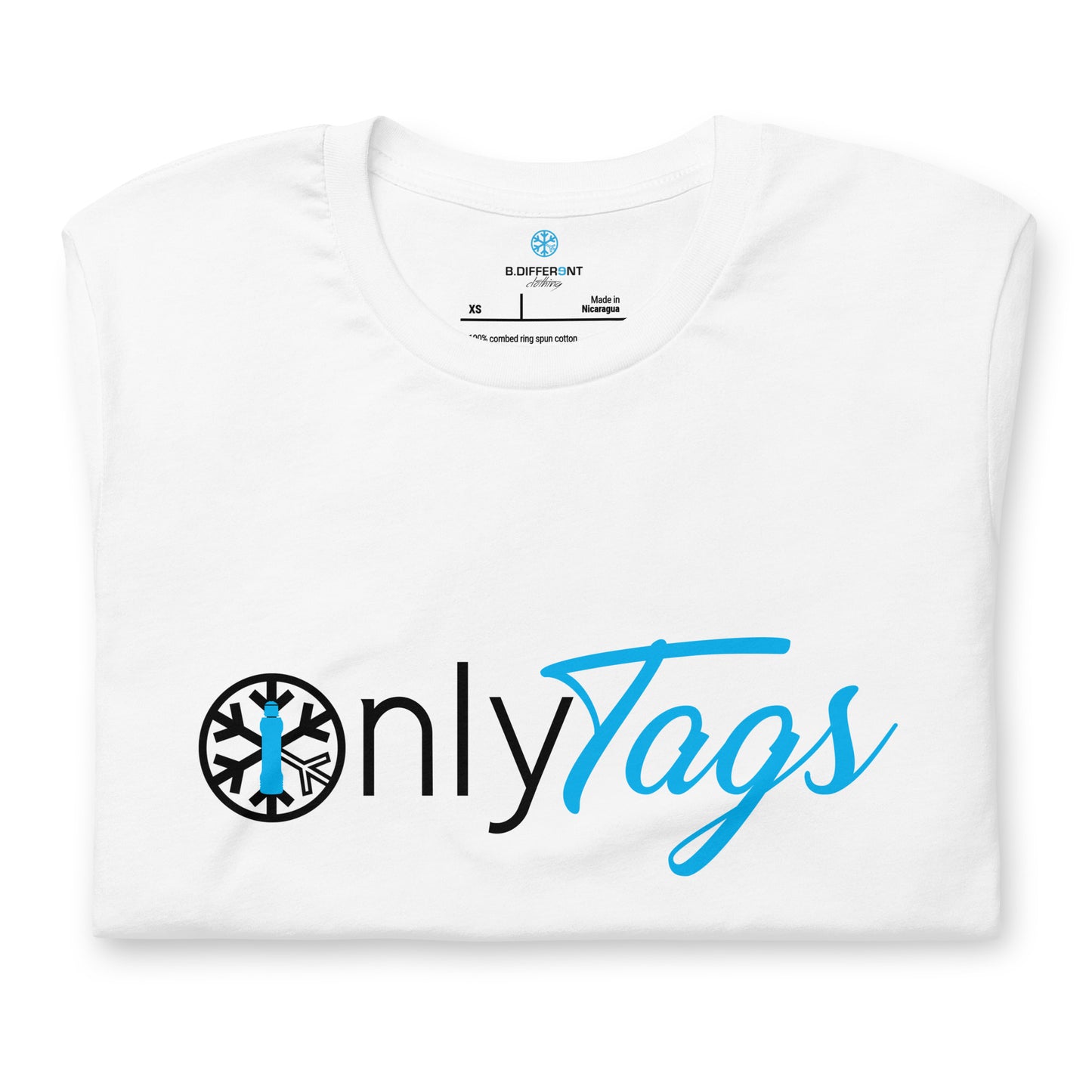 White-Only Tags Graffiti Tee from B.Different Clothing, folded, graffiti-inspired streetwear t-shirt