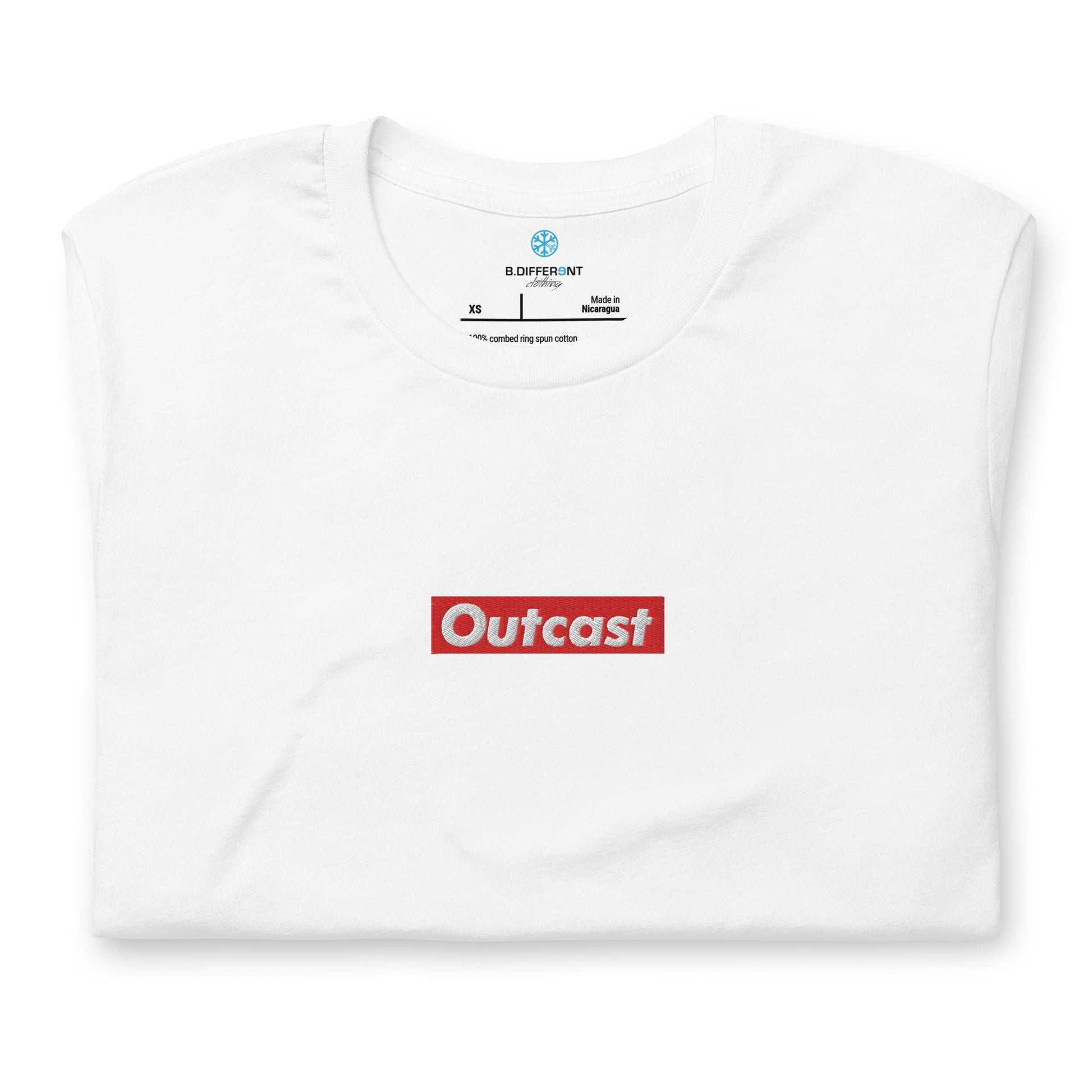 White-Outcast Box Tee from B.Different Clothing, folded, graffiti-inspired streetwear t-shirt