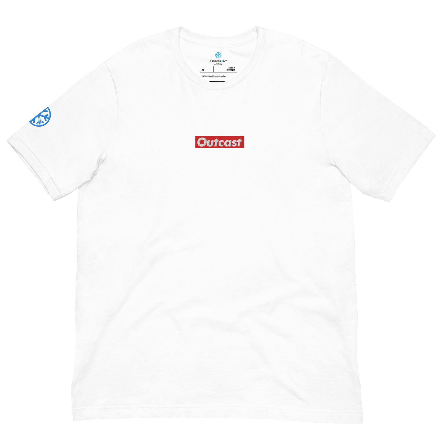 White-Outcast Box Tee from B.Different Clothing, front view, graffiti-inspired streetwear t-shirt