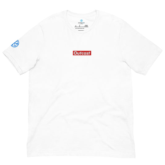 White-Outcast Box Tee from B.Different Clothing, front view, graffiti-inspired streetwear t-shirt