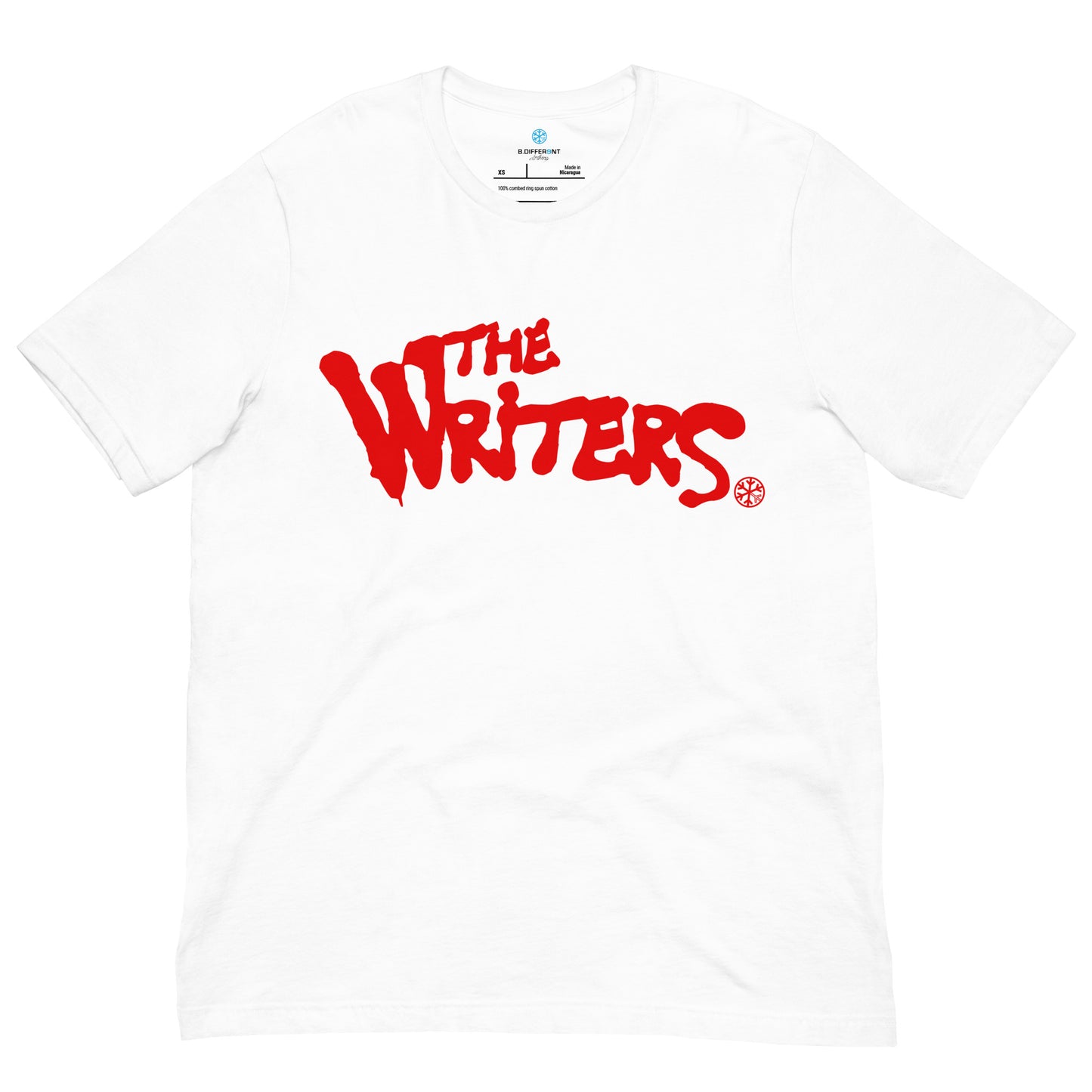 White-The Writers Graffiti Lettering Tee from B.Different Clothing, front view, graffiti-inspired streetwear t-shirt