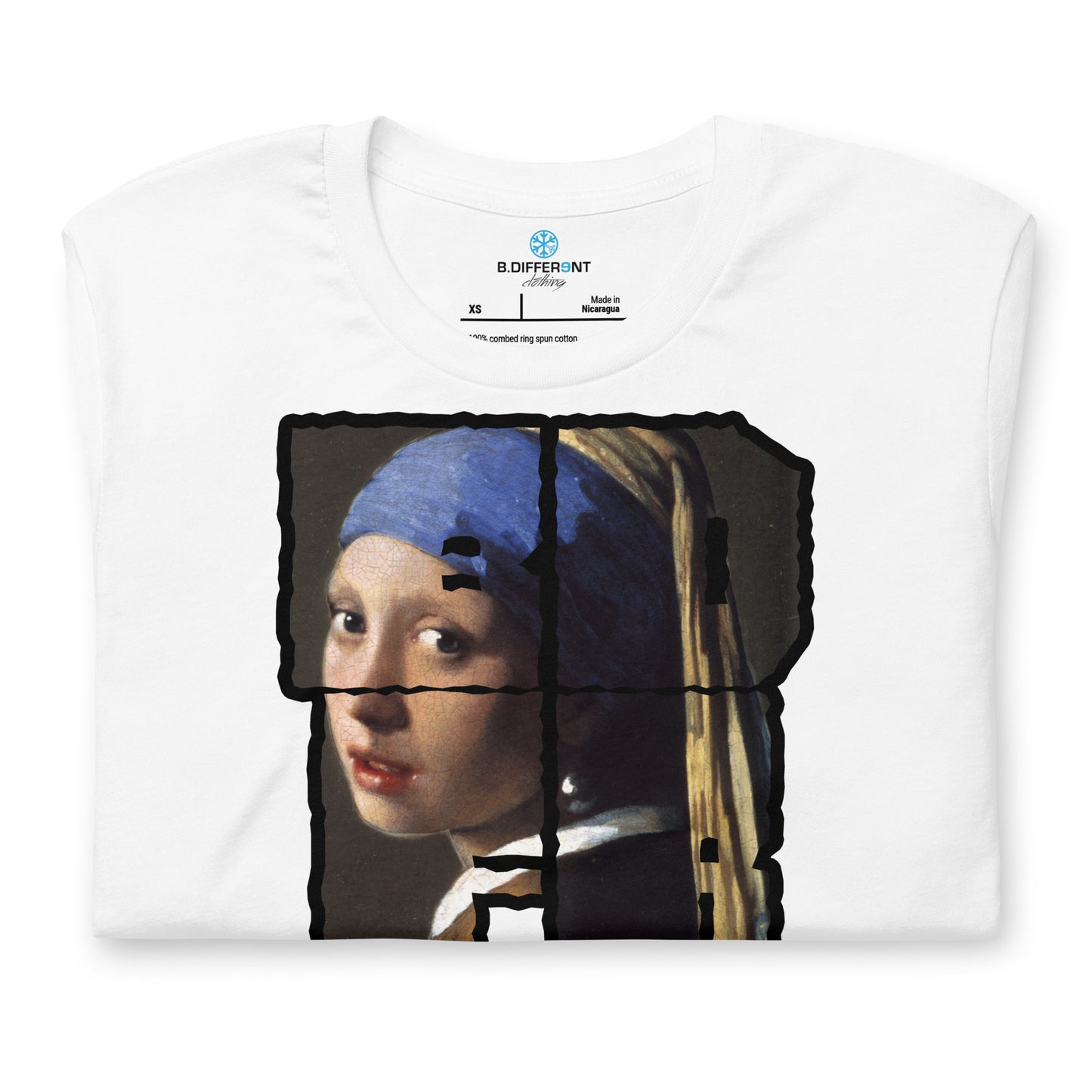 White-BDFRNT Blockbuster x Girl With Pearl Earring Tee from B.Different Clothing, front view, graffiti-inspired streetwear