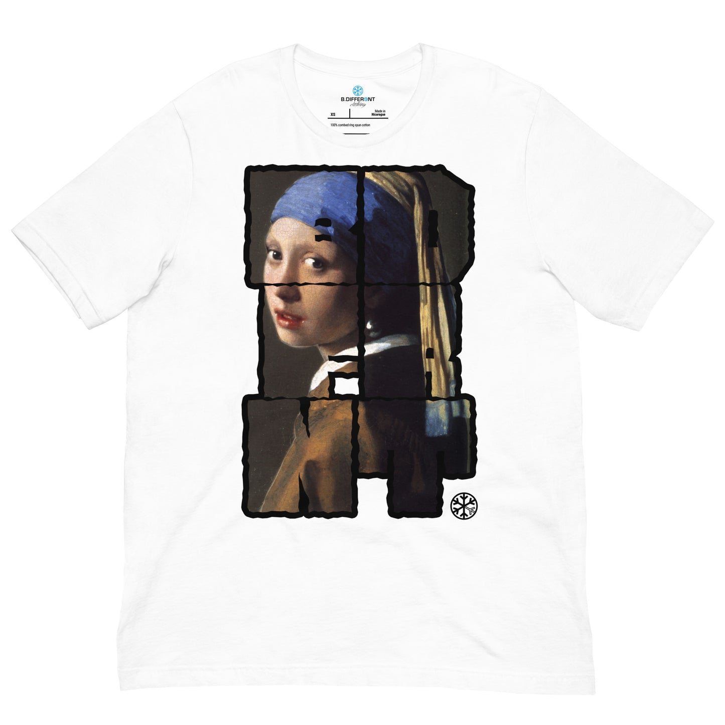White-BDFRNT Blockbuster x Girl With Pearl Earring Tee from B.Different Clothing, front view, graffiti-inspired streetwear