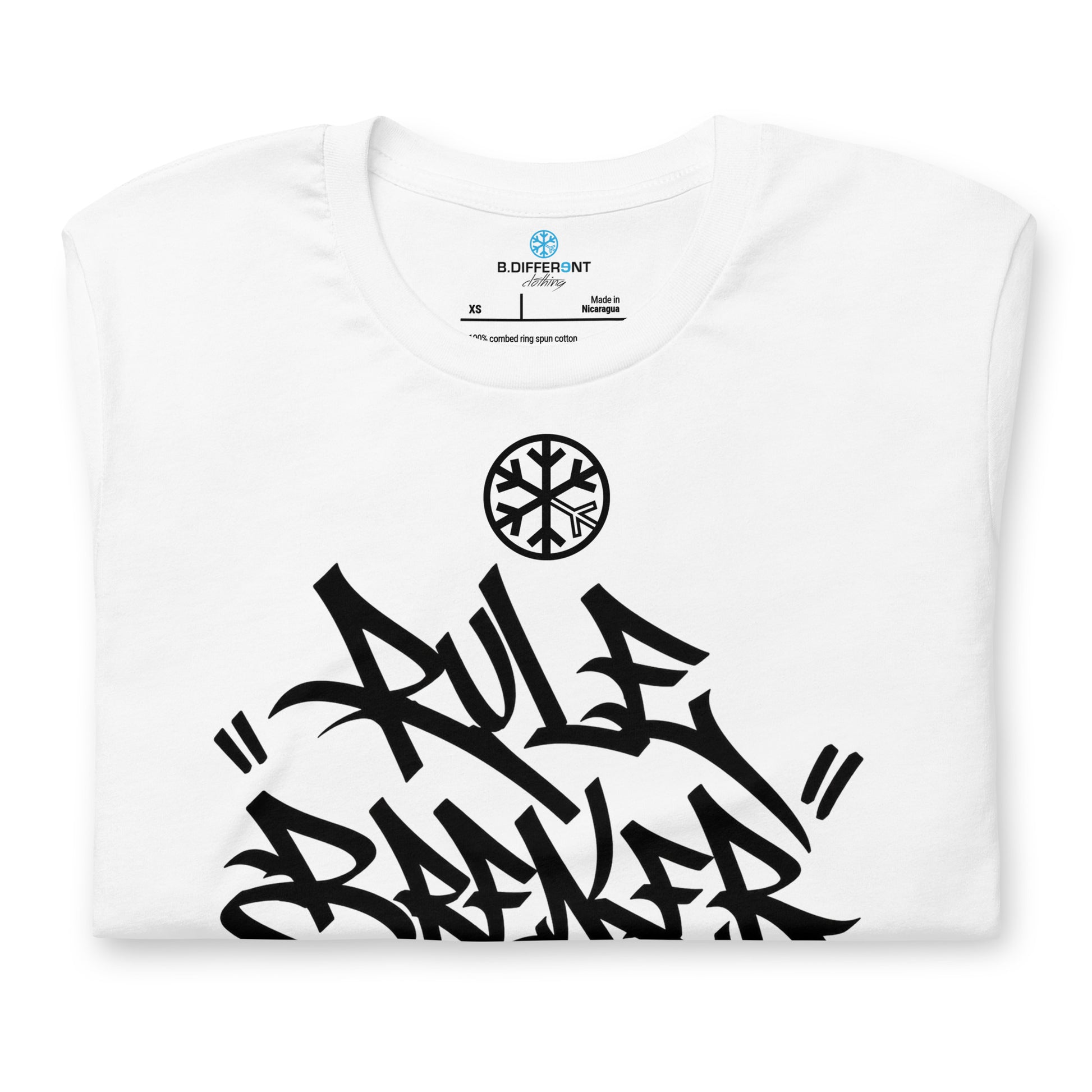 White-Rule Breaker Graffiti Tag Tee from B.Different Clothing, folded, graffiti-inspired streetwear