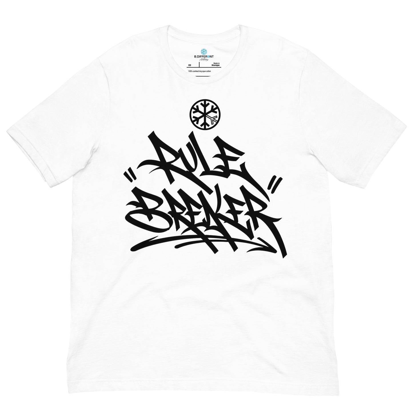 White-Rule Breaker Graffiti Tag Tee from B.Different Clothing, front graphic, graffiti-inspired streetwear