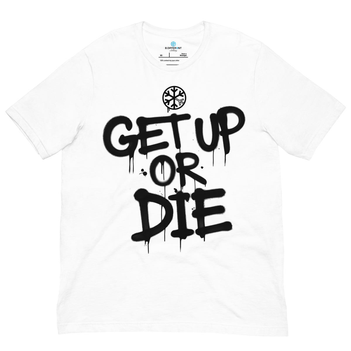 White-Get Up or Die Graffiti Tag Tee from B.Different Clothing, front view, graffiti-inspired streetwear t-shirt