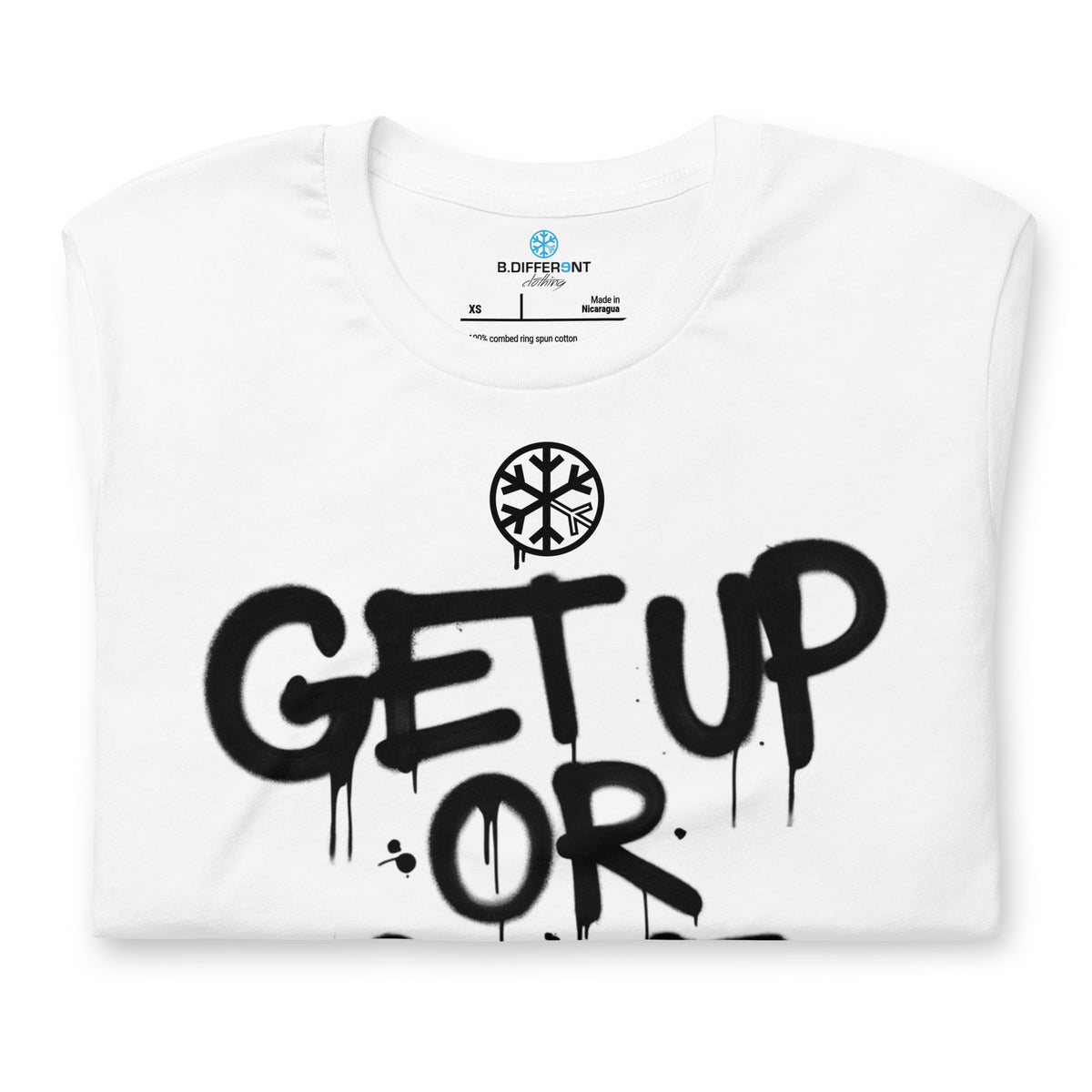 White-Get Up or Die Graffiti Tag Tee from B.Different Clothing, folded, graffiti-inspired streetwear t-shirt