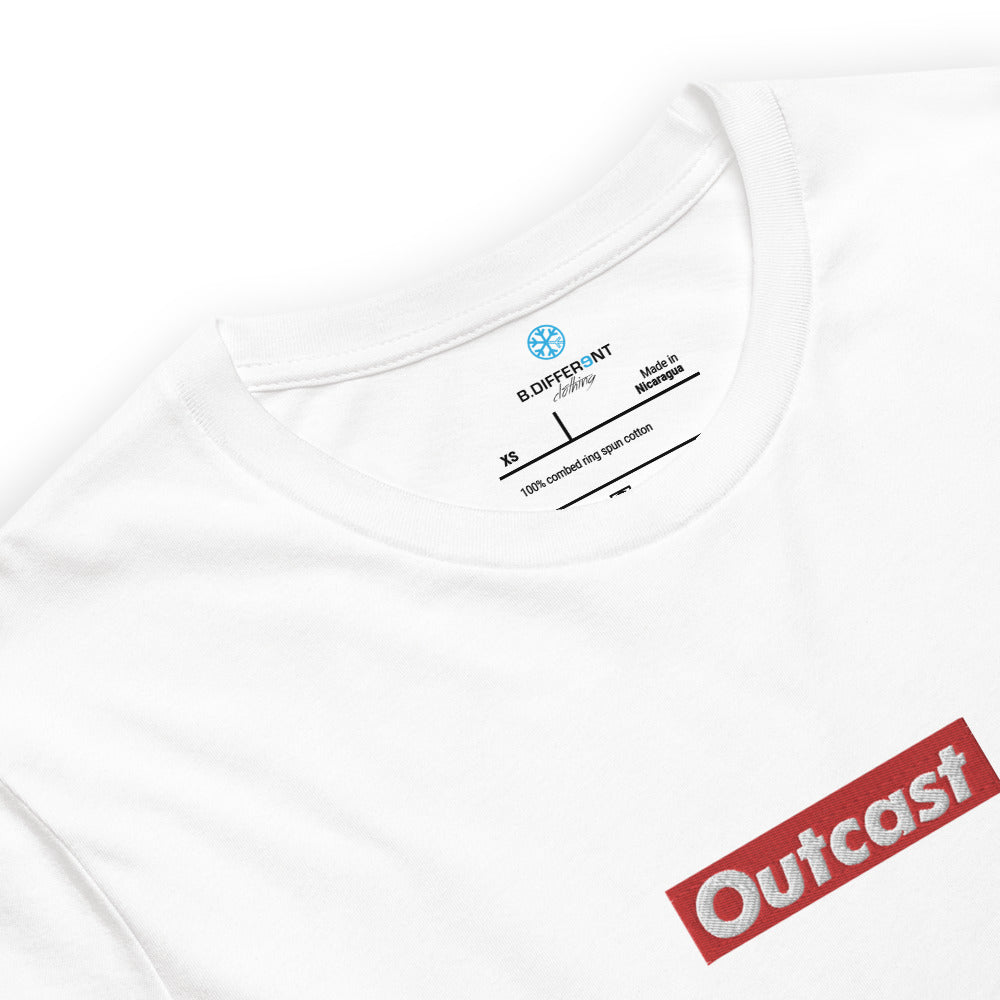 collar of Outcast box tee white b.different clothing street art graffiti inspired independent streetwear