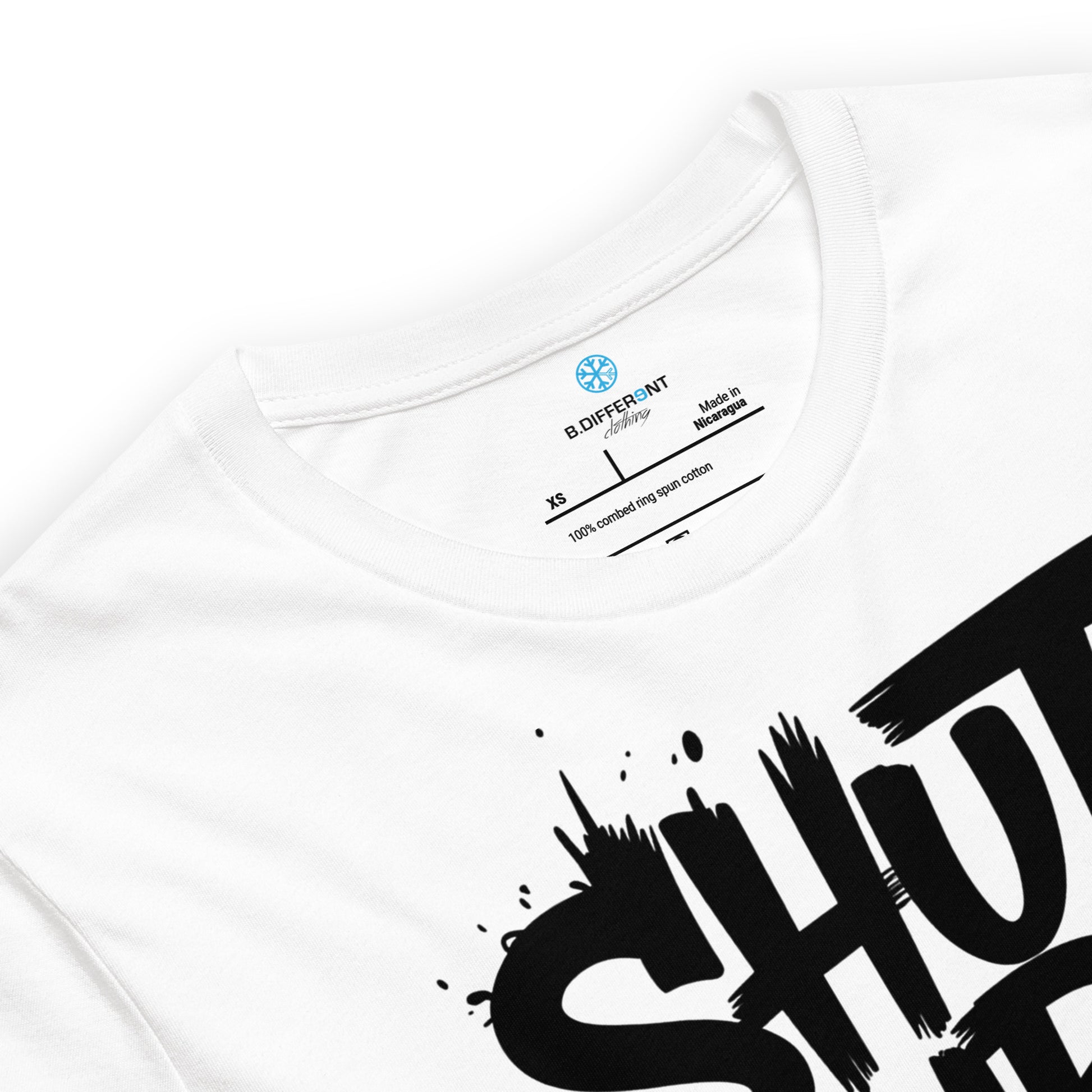 White-Shut Up and Paint Graffiti Tee from B.Different Clothing, collar, graffiti-inspired streetwear t-shirt