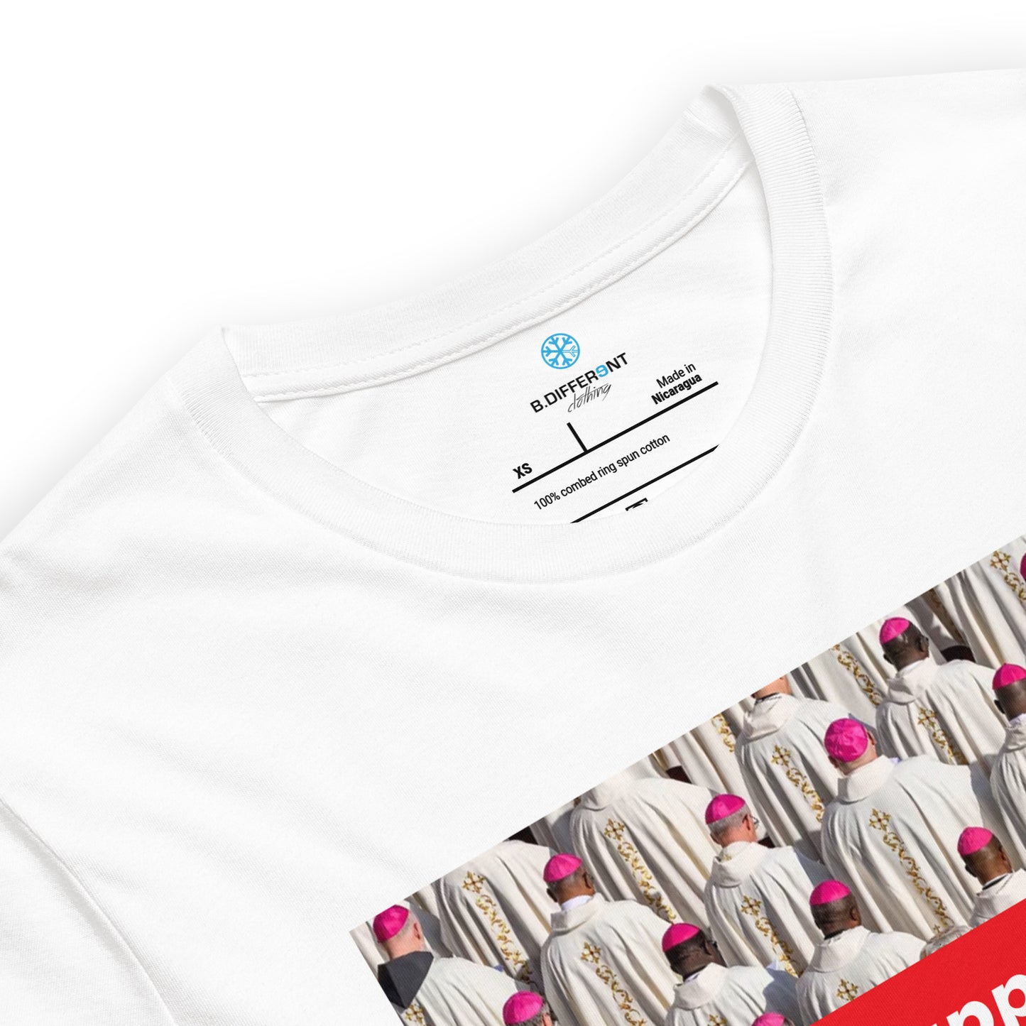 White-Vatican Crooks Tee from B.Different Clothing, collar, graffiti-inspired streetwear t-shirt