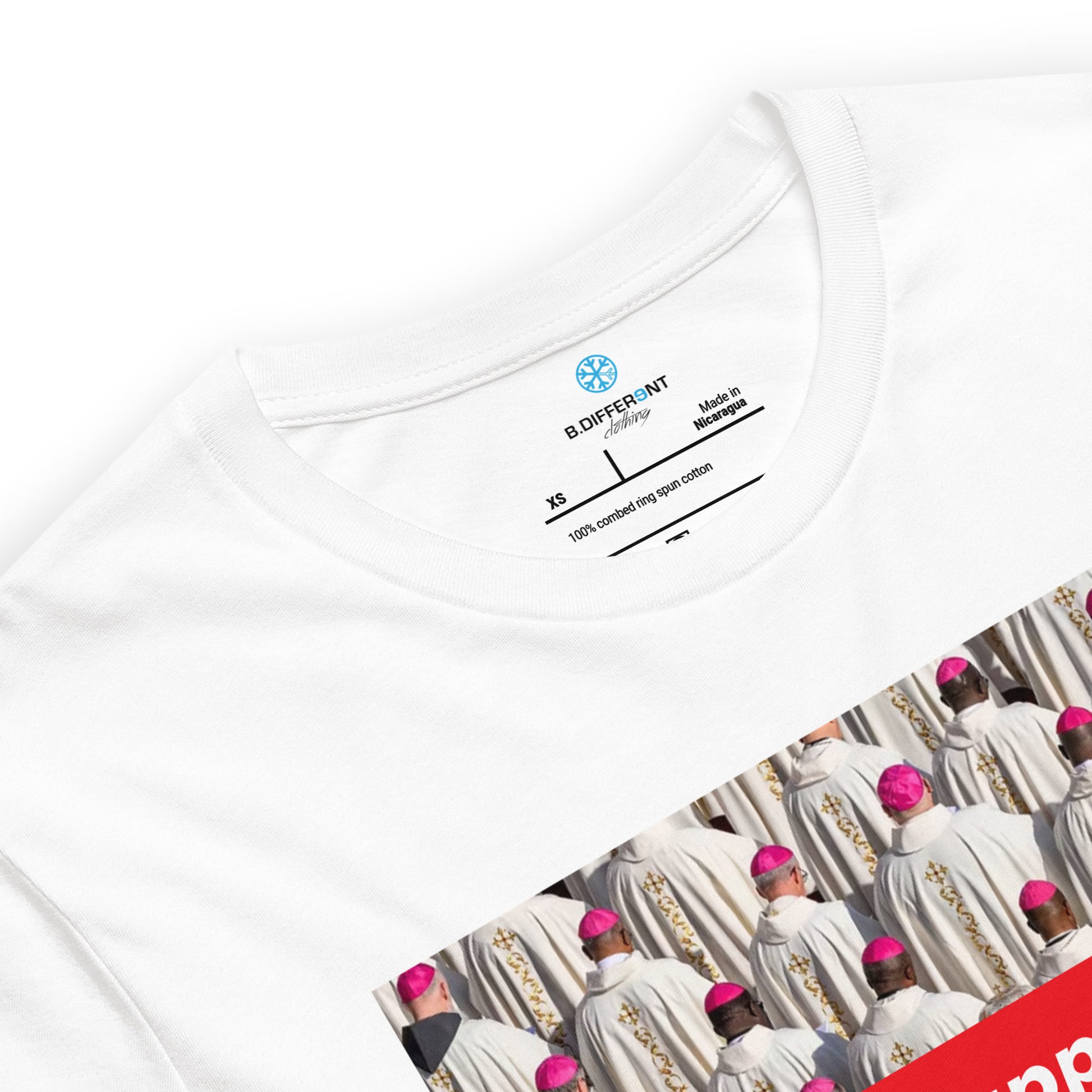 White-Vatican Crooks Tee from B.Different Clothing, collar, graffiti-inspired streetwear t-shirt