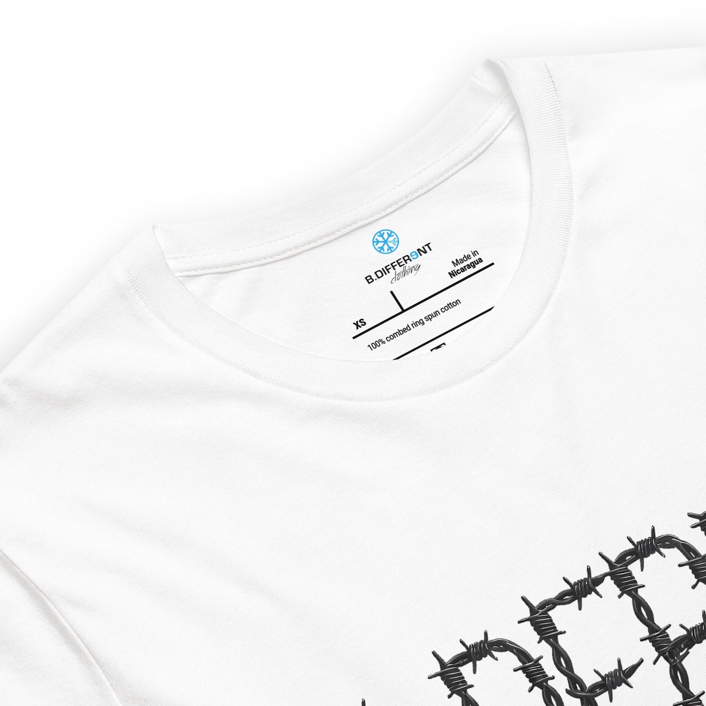 White-B.DFRNT Barbed Wire Tee from B.Different Clothing, collar, graffiti-inspired streetwear t-shirt