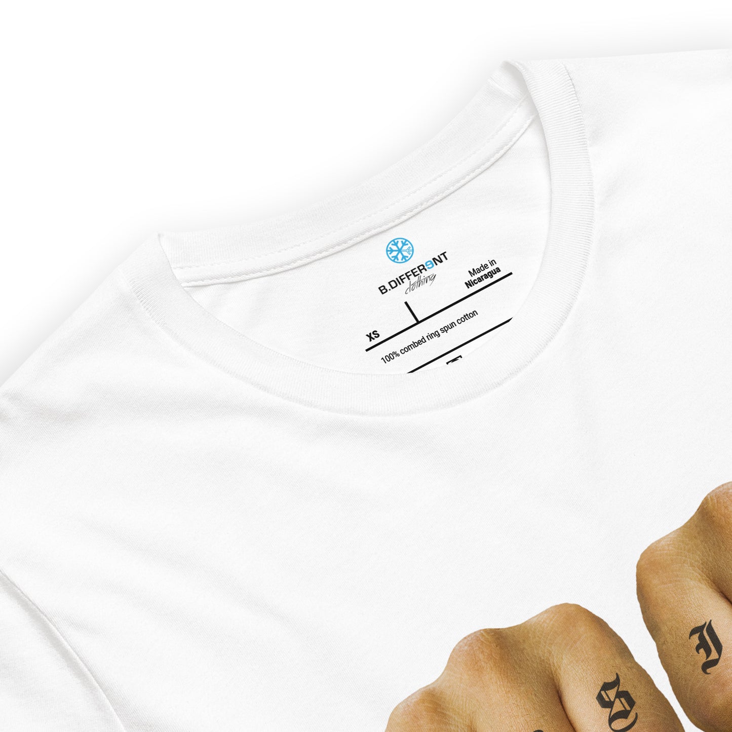 White-Outsider Tattoo Tee from B.Different Clothing, collar, graffiti-inspired streetwear t-shirt