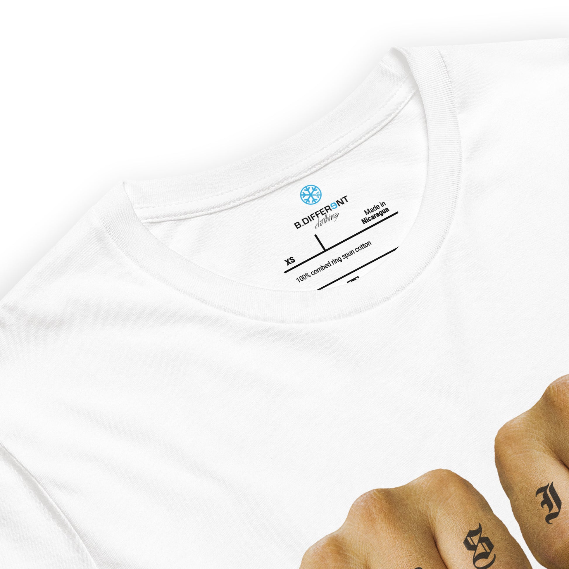 White-Outsider Tattoo Tee from B.Different Clothing, collar, graffiti-inspired streetwear t-shirt