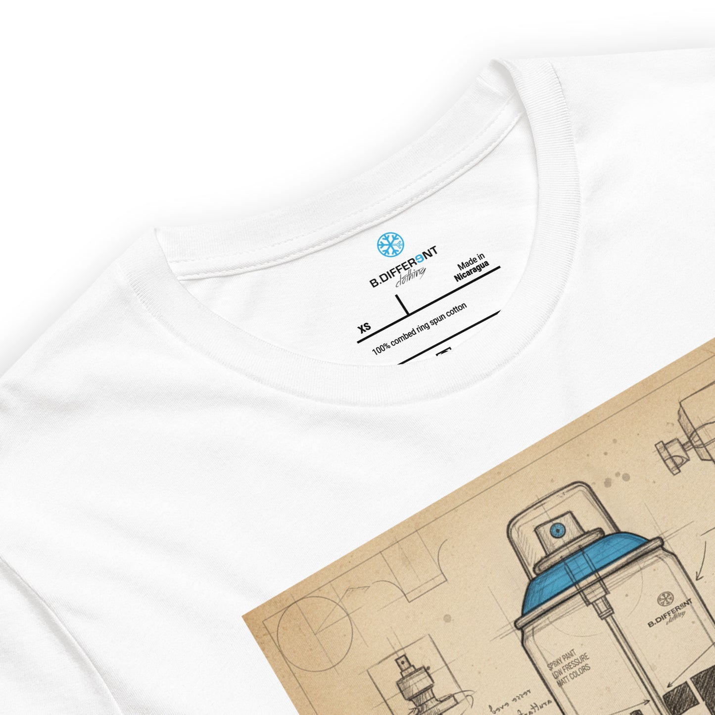 White-Spray Can Sketch Graffiti Tee from B.Different Clothing, collar, graffiti-inspired streetwear t-shirt