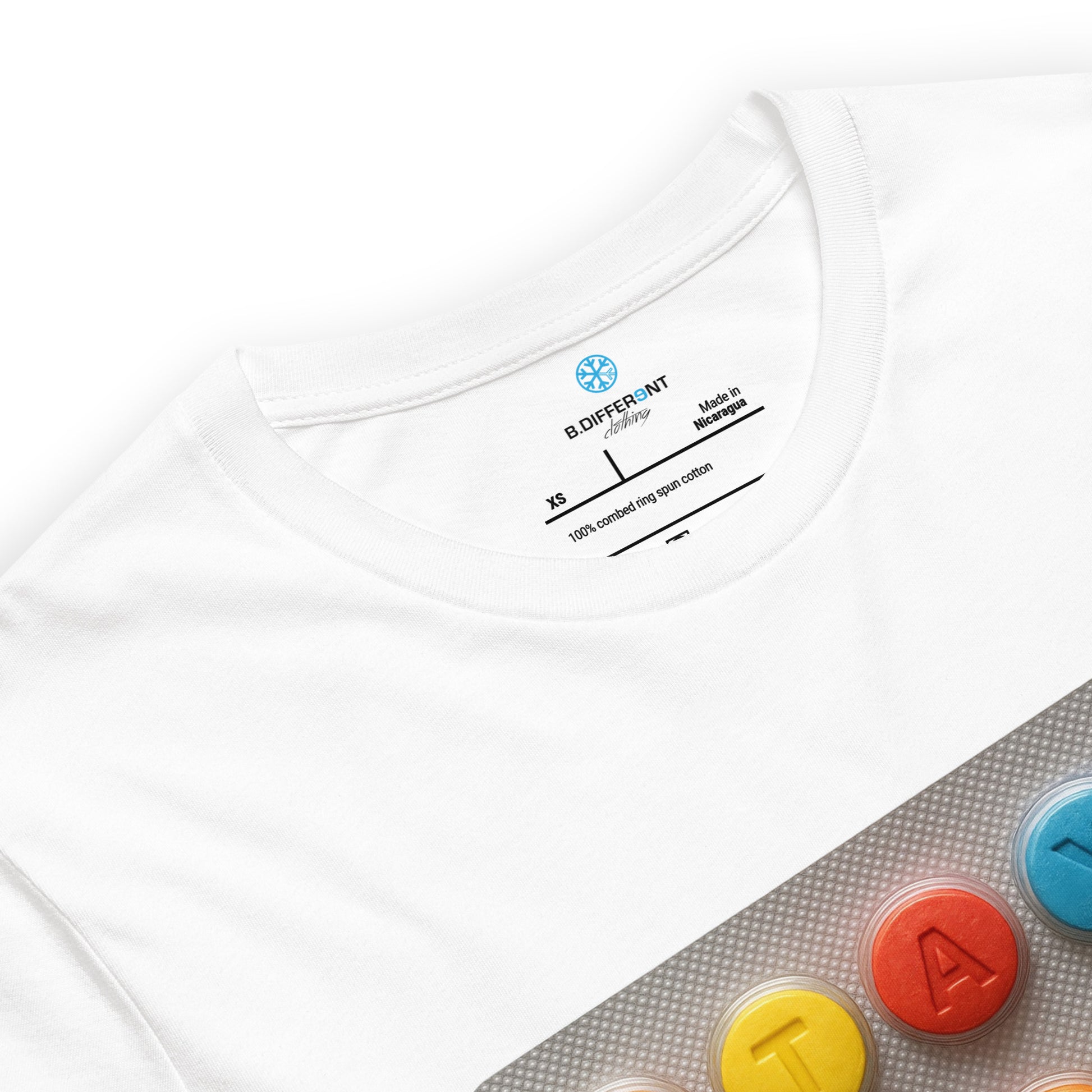 White-Stay Weird Pills Tee from B.Different Clothing, collar, graffiti-inspired streetwear t-shirt