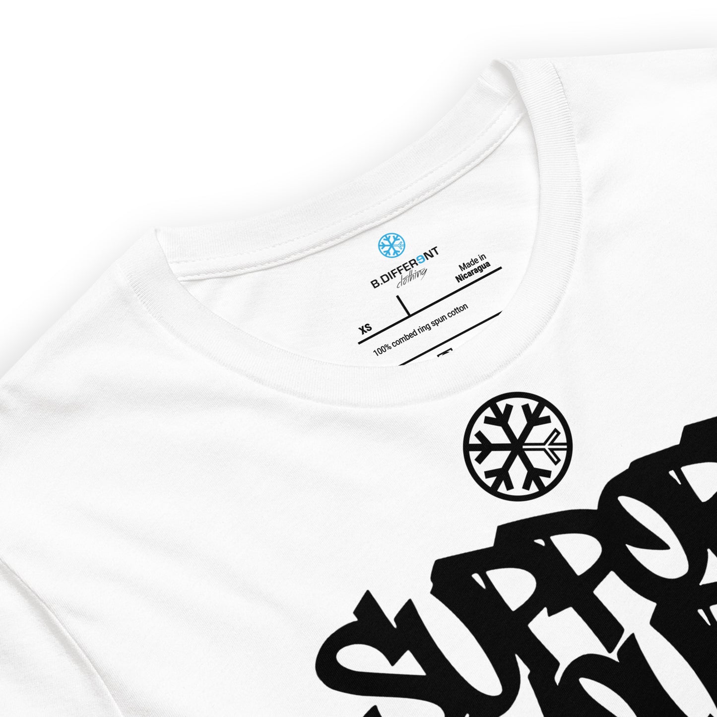 White-Support Your Local Graffiti Artists Tee from B.Different Clothing, collar, graffiti-inspired streetwear t-shirt