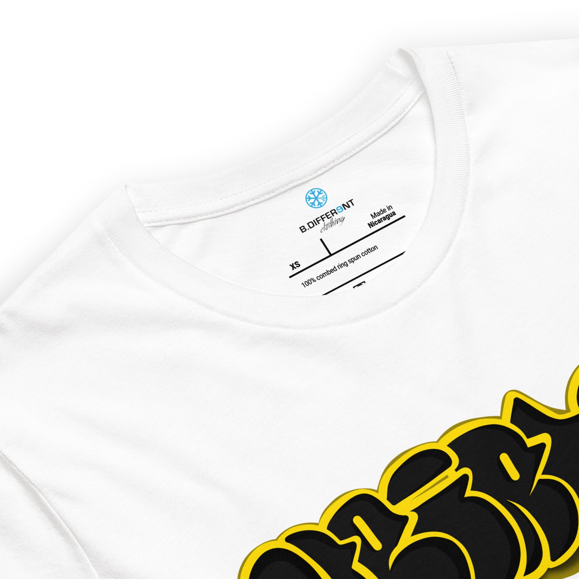 White-Weirdo Graffiti Throwie Tee from B.Different Clothing, collar, graffiti-inspired streetwear t-shirt