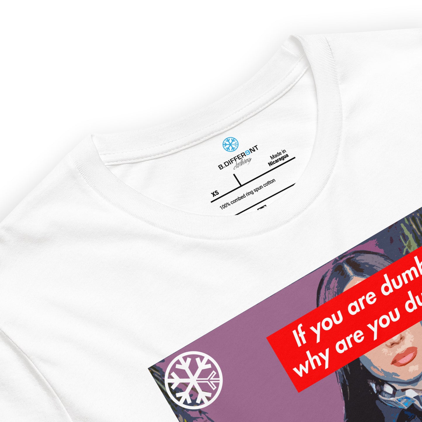 White-Why Are You Dumb Tee from B.Different Clothing, collar, graffiti-inspired streetwear t-shirt
