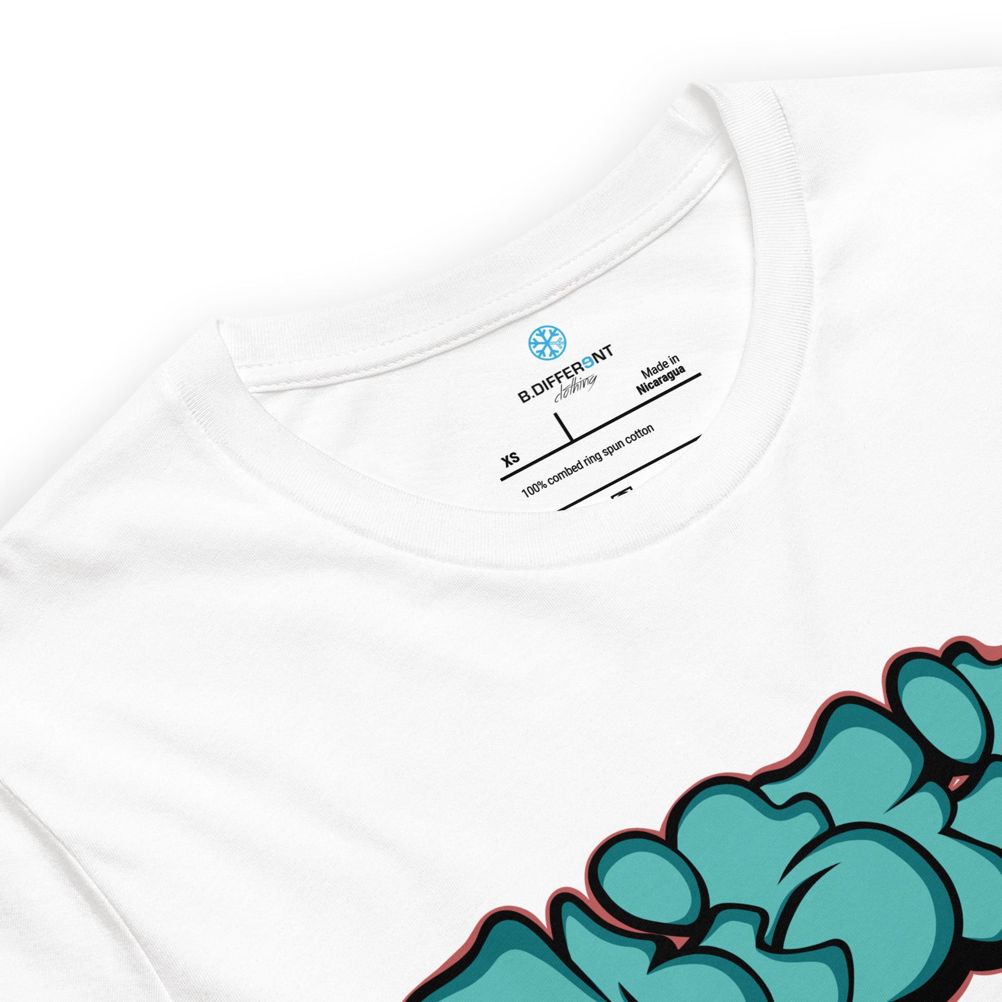 White-Misfit Graffiti Throwie Tee from B.Different Clothing, collar, graffiti-inspired streetwear t-shirt