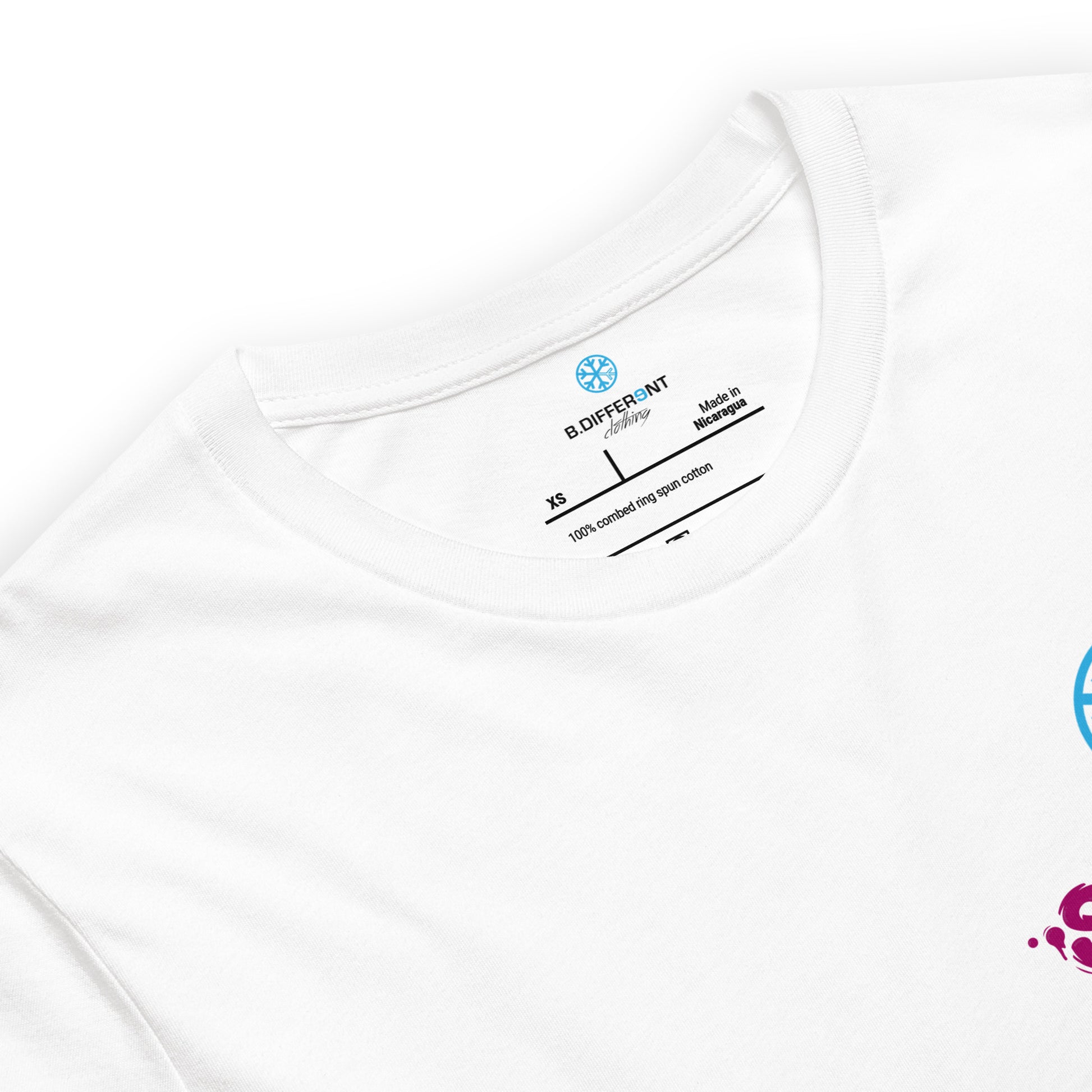 White-Stay Fly Graffiti Character Tee from B.Different Clothing, collar, graffiti-inspired streetwear t-shirt