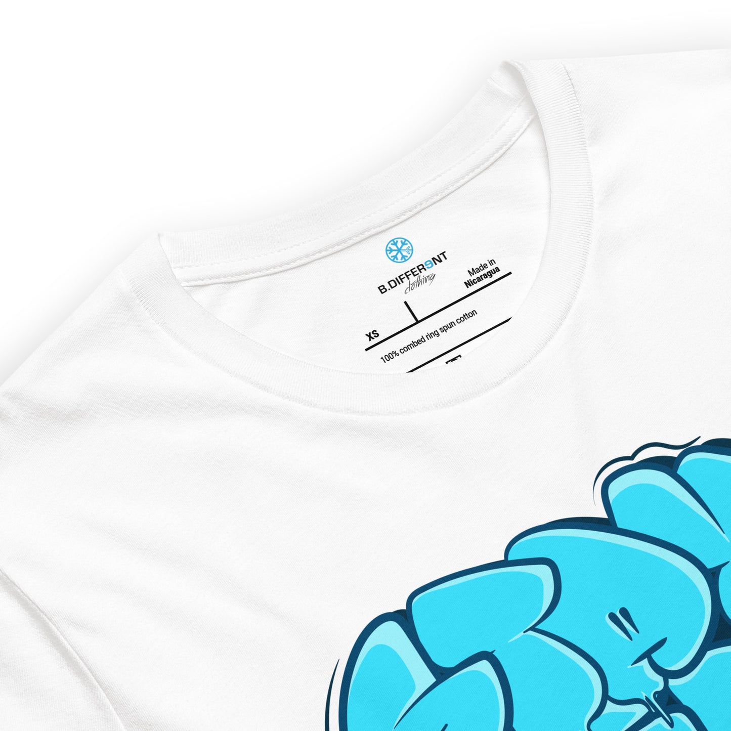 White-Stay Weird Graffiti Throw-up Tee from B.Different Clothing, collar, graffiti-inspired streetwear t-shirt