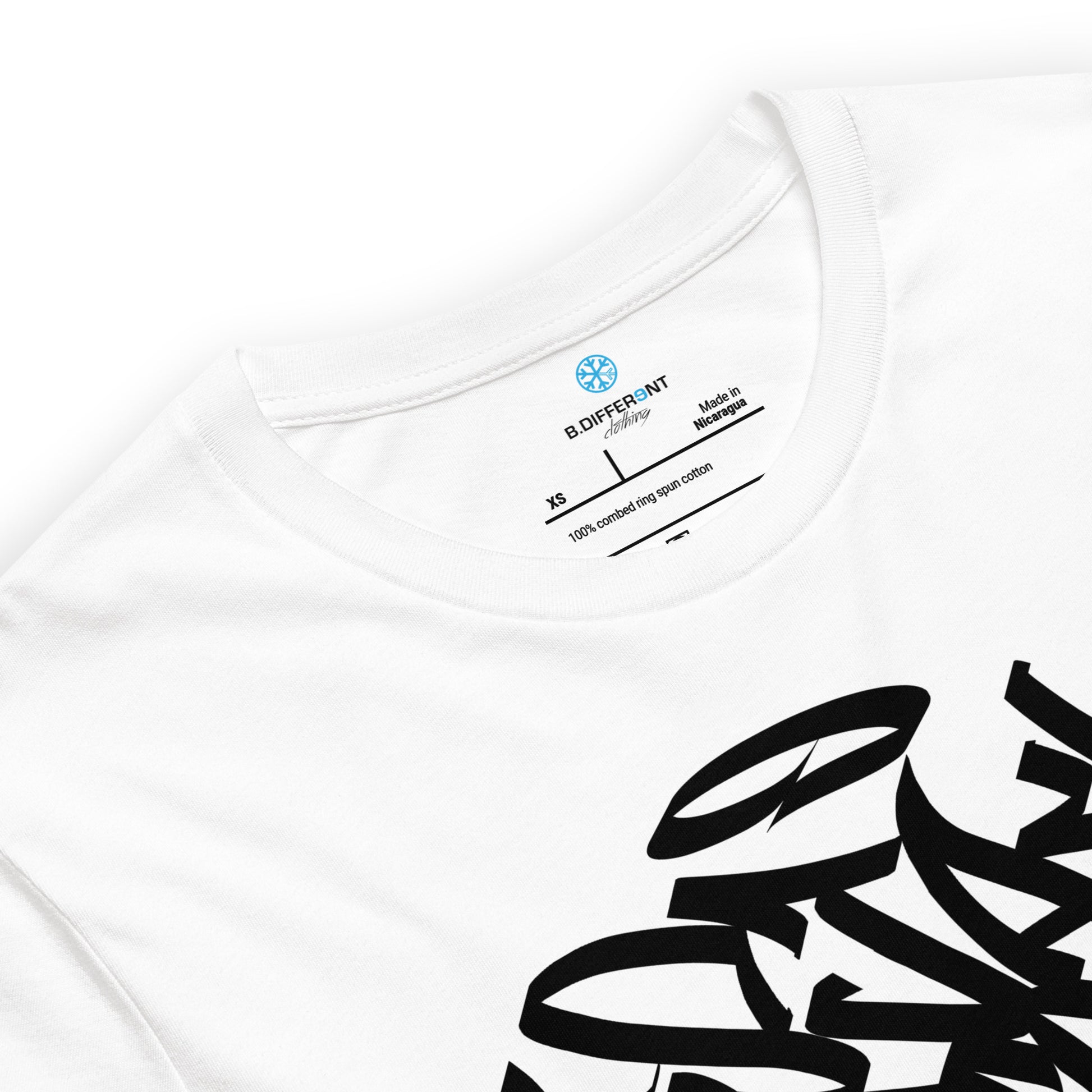 White-Stay Weird Graffiti Tag Tee from B.Different Clothing, collar, graffiti-inspired streetwear t-shirtmockup
